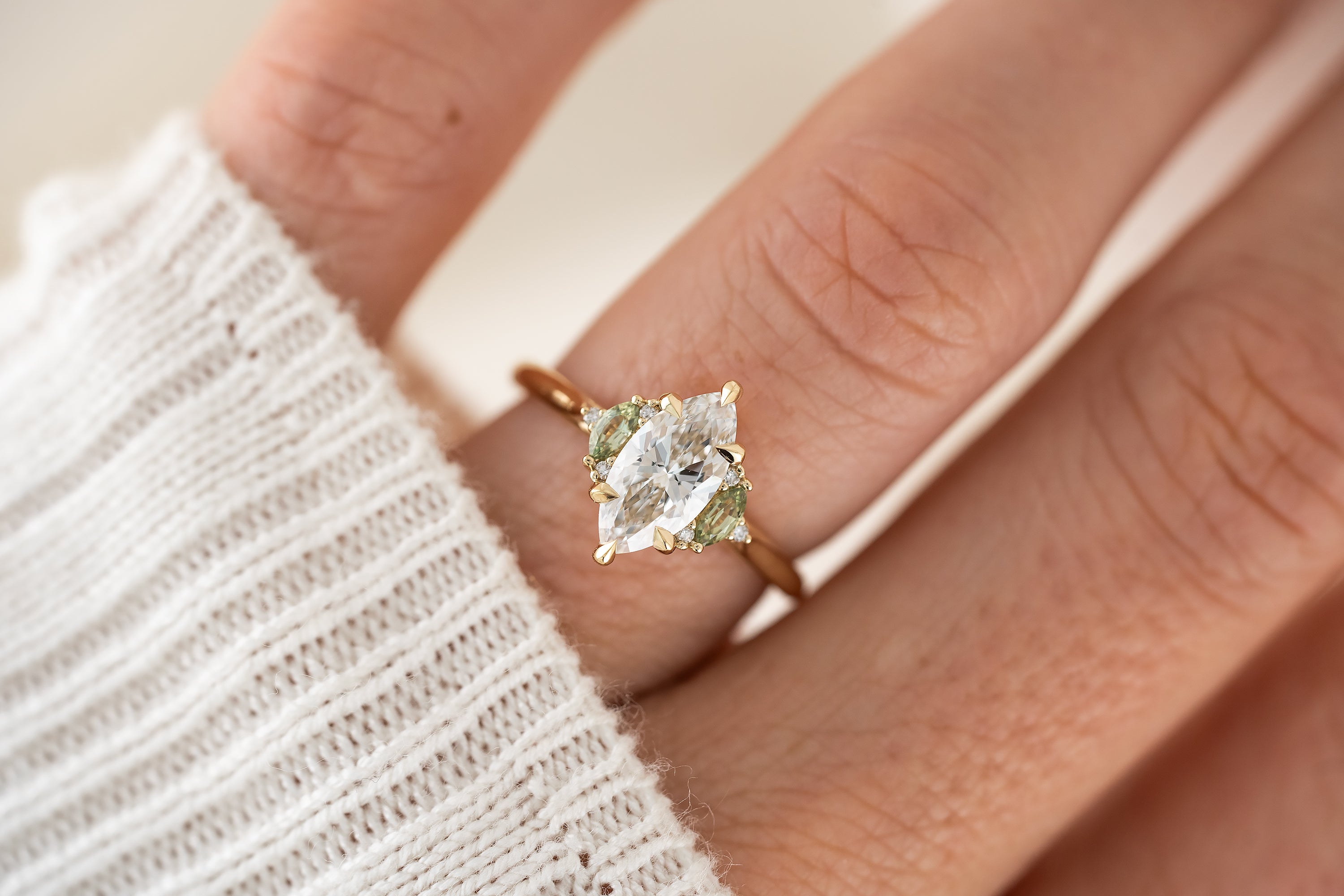 The Maren Ring | 1.1 CT Marquise Diamond & Green Sapphire Accents - Lavender Creek Gems