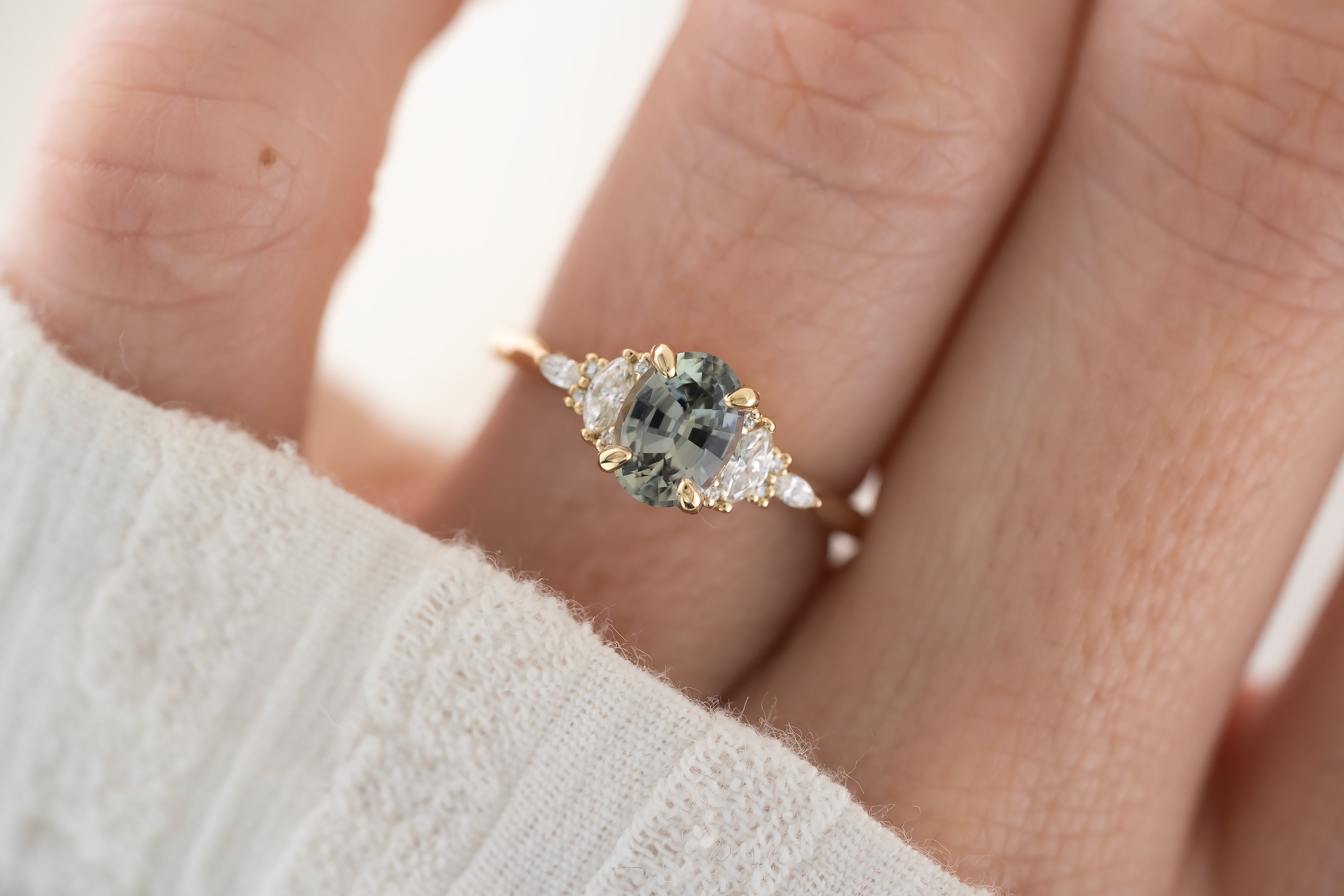 The Maeve Ring  - 1.2 CT Oval Steel Gray/Blue Green Sapphire - Lavender Creek Gems