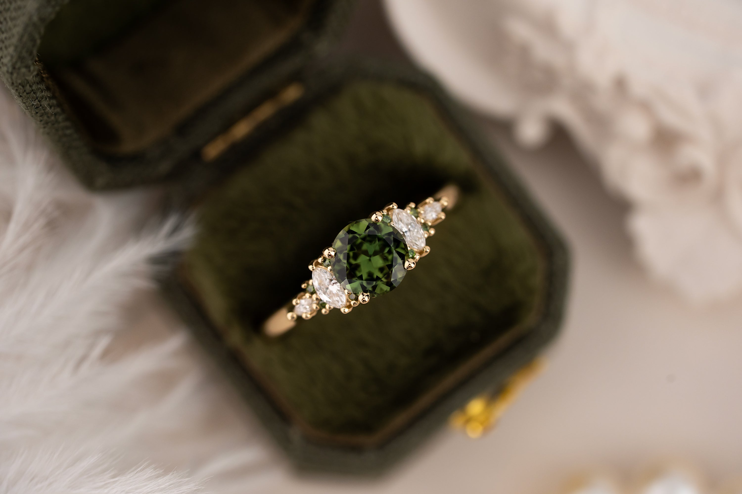 The Maeve Ring | 1.07 CT Round Green Sapphire + Dark Green Diamond Hidden Halo - Lavender Creek Gems