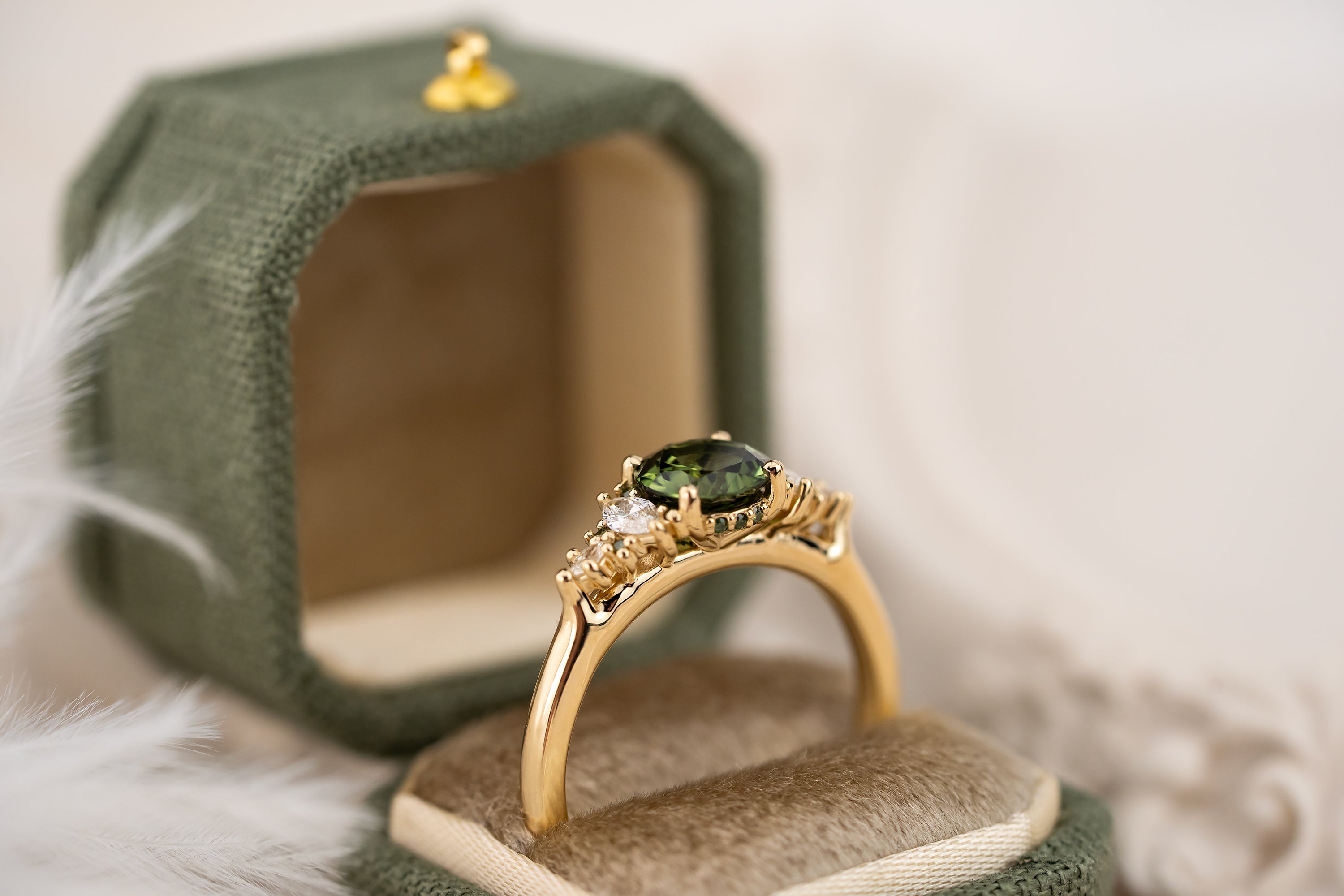 The Maeve Ring | 1.07 CT Round Green Sapphire + Dark Green Diamond Hidden Halo - Lavender Creek Gems