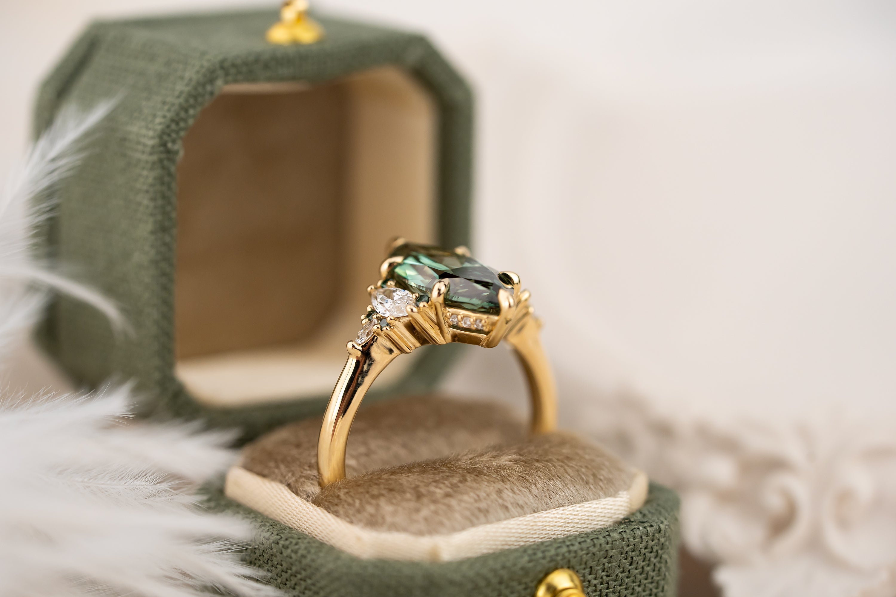 The Low Maeve Ring | 2.65 CT Marquise Green Diamond + Diamond Hidden Halo - Lavender Creek Gems