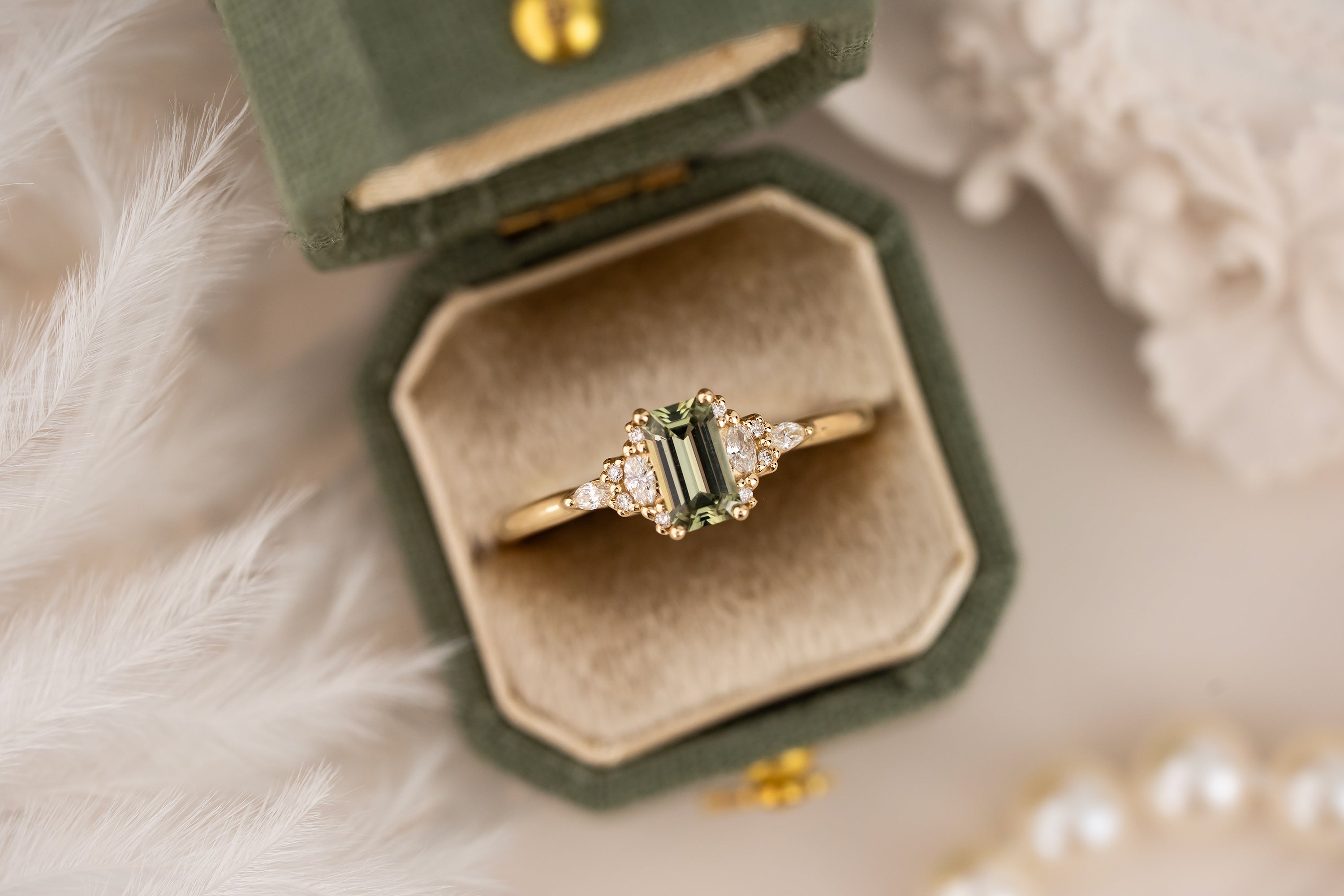 The Mini Maeve Ring | 0.54 CT Emerald Cut Light Green Sapphire - Lavender Creek Gems