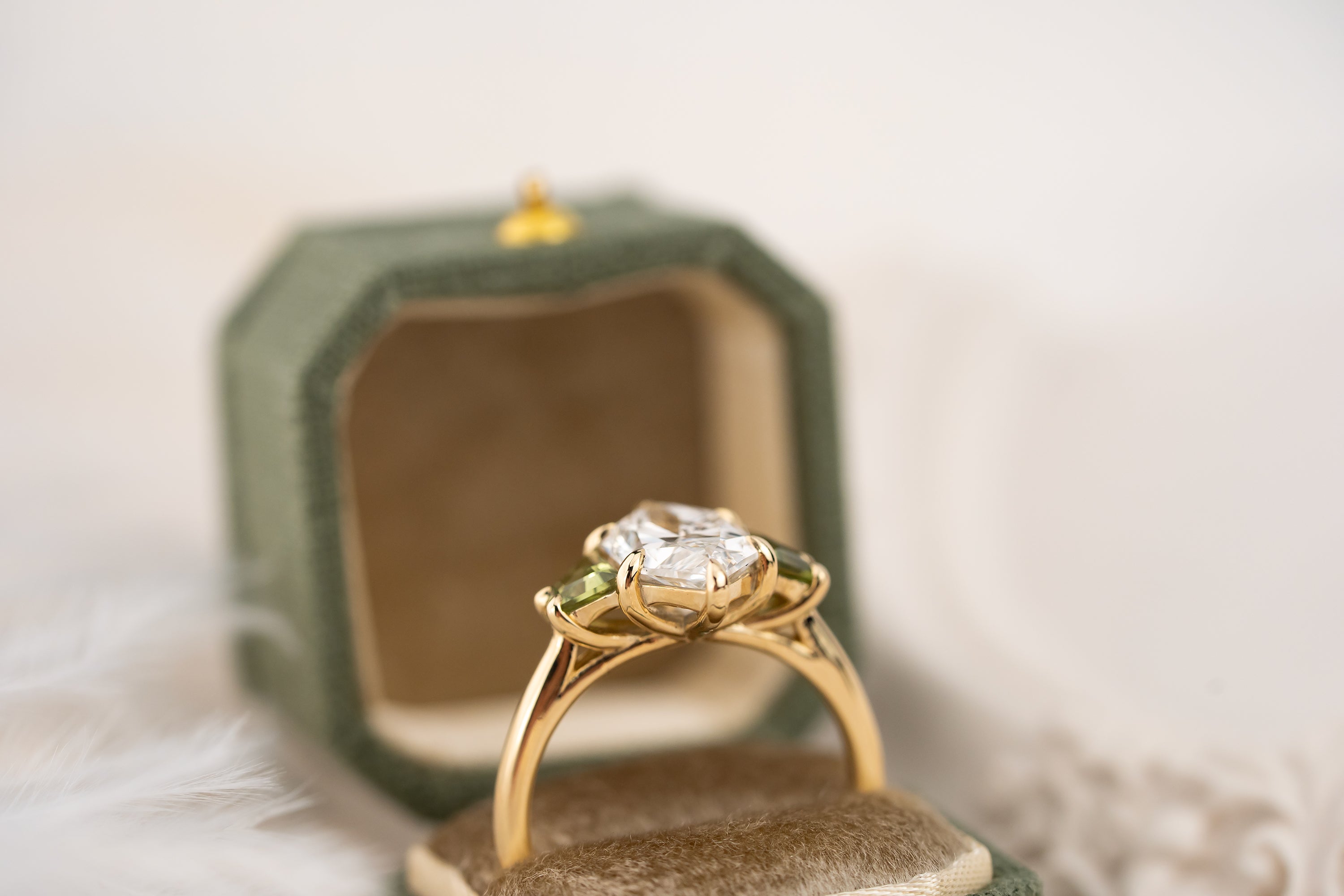 The Tria Ring | 2.4 CT Dutch Marquise Diamond + Green Sapphire - Lavender Creek Gems