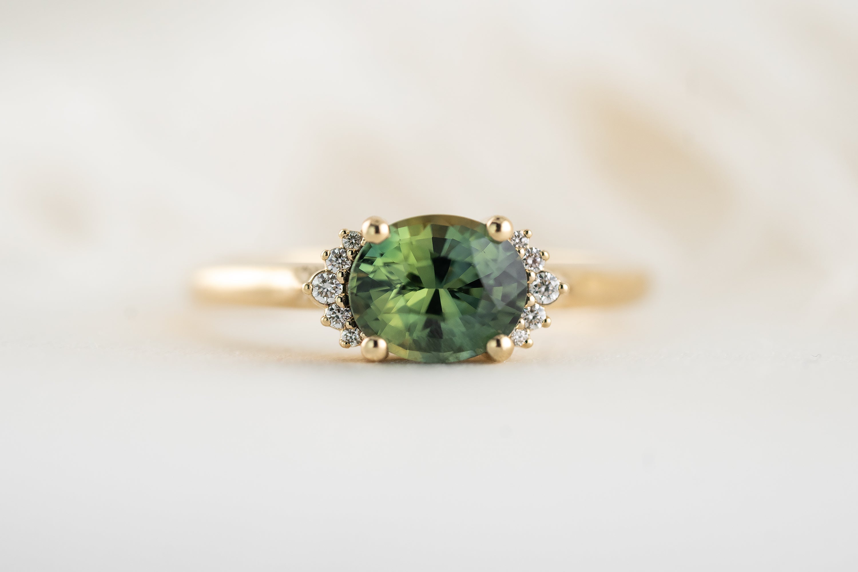 The Half Halo Ring | 1.57 CT Oval Teal Sapphire - Lavender Creek Gems