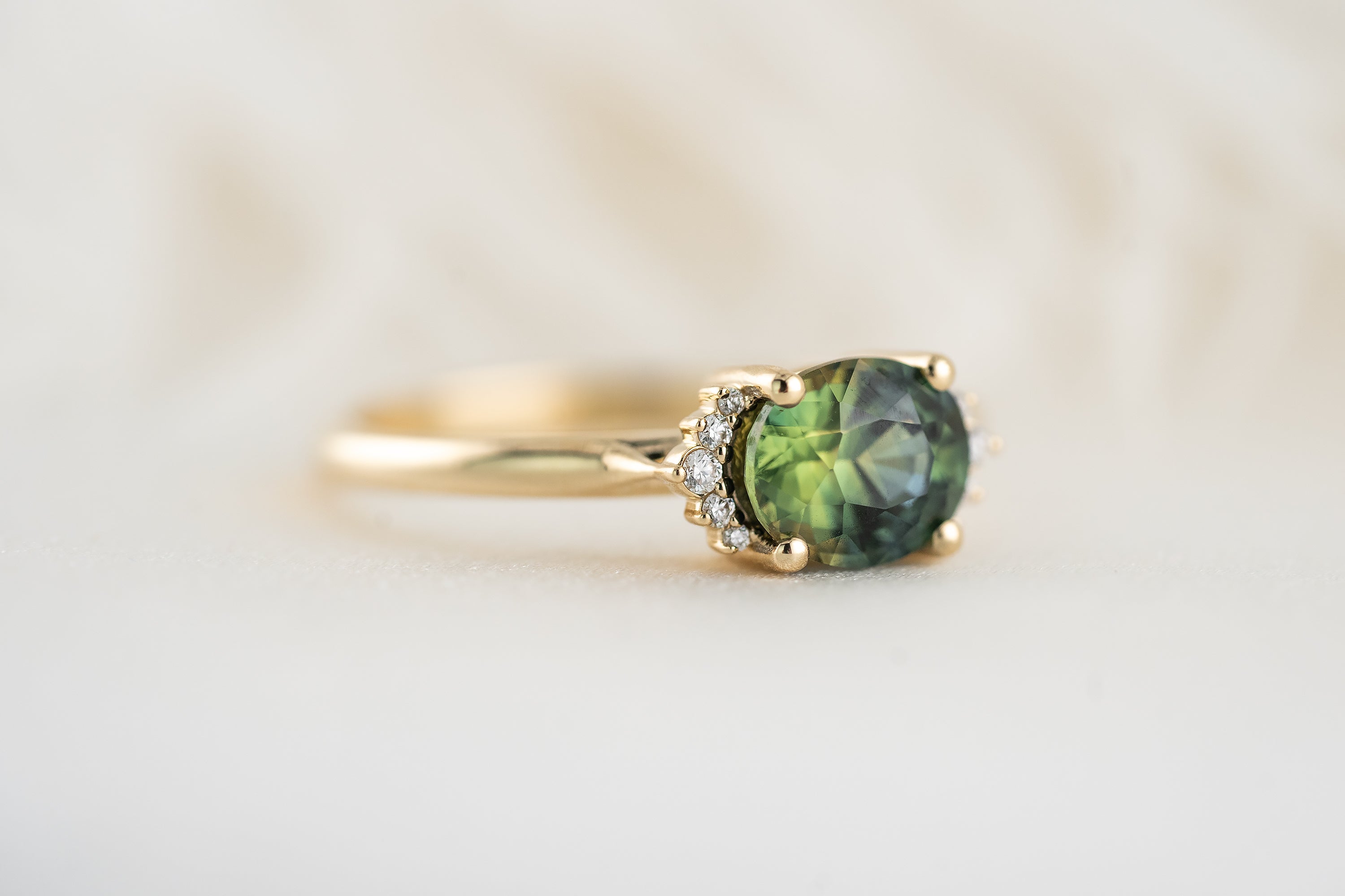The Half Halo Ring | 1.57 CT Oval Teal Sapphire - Lavender Creek Gems