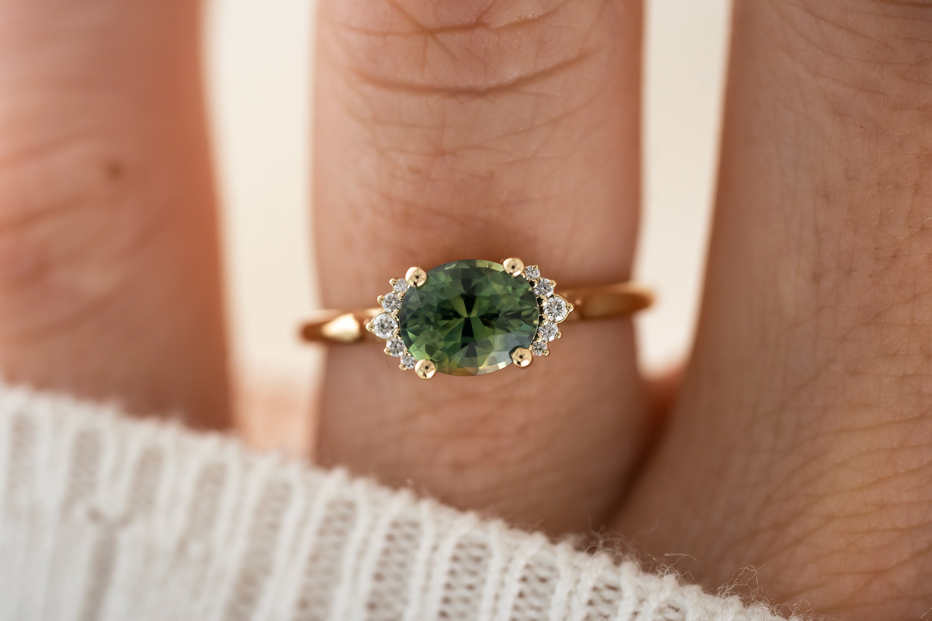 The Half Halo Ring | 1.57 CT Oval Teal Sapphire - Lavender Creek Gems