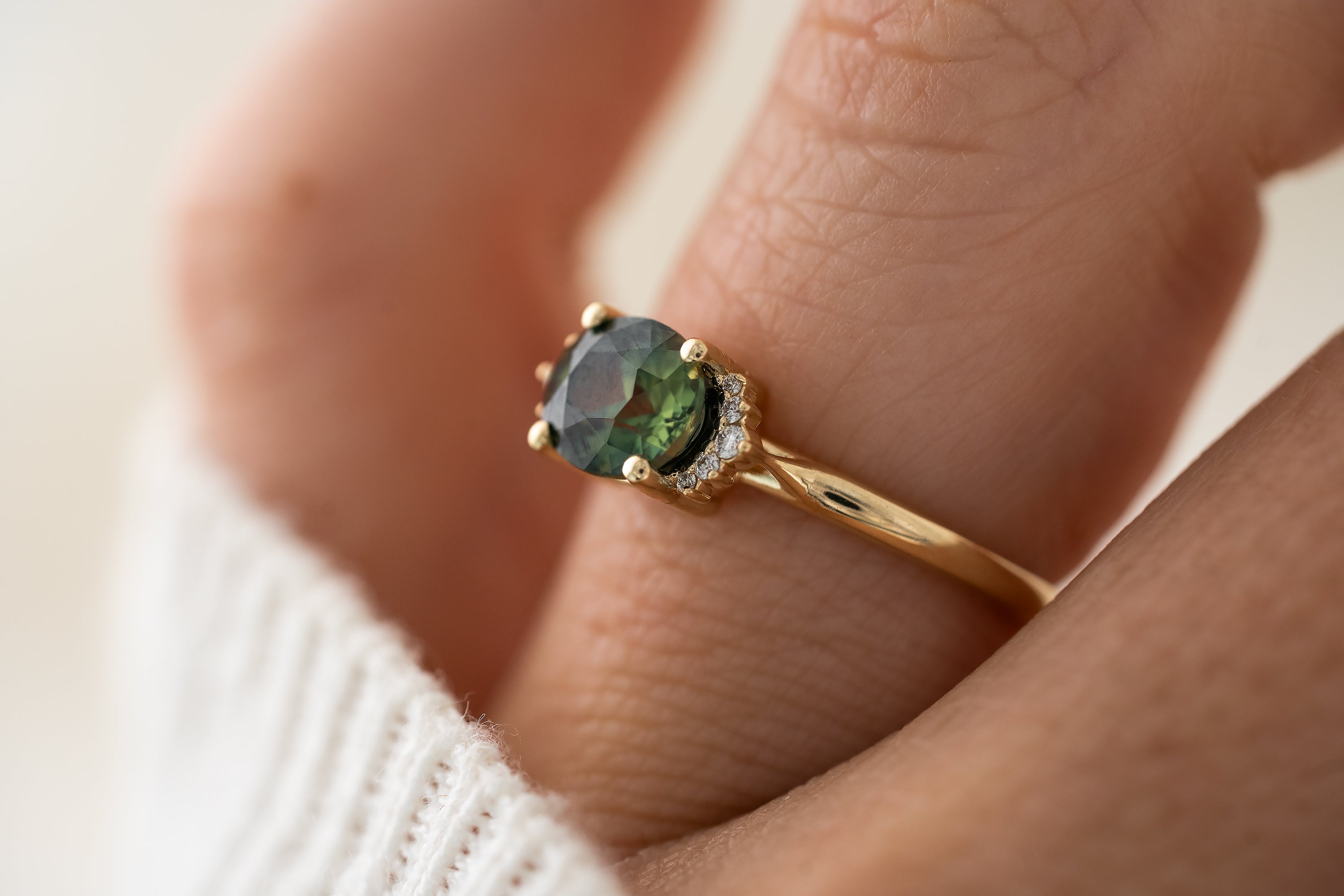 The Half Halo Ring | 1.57 CT Oval Teal Sapphire - Lavender Creek Gems