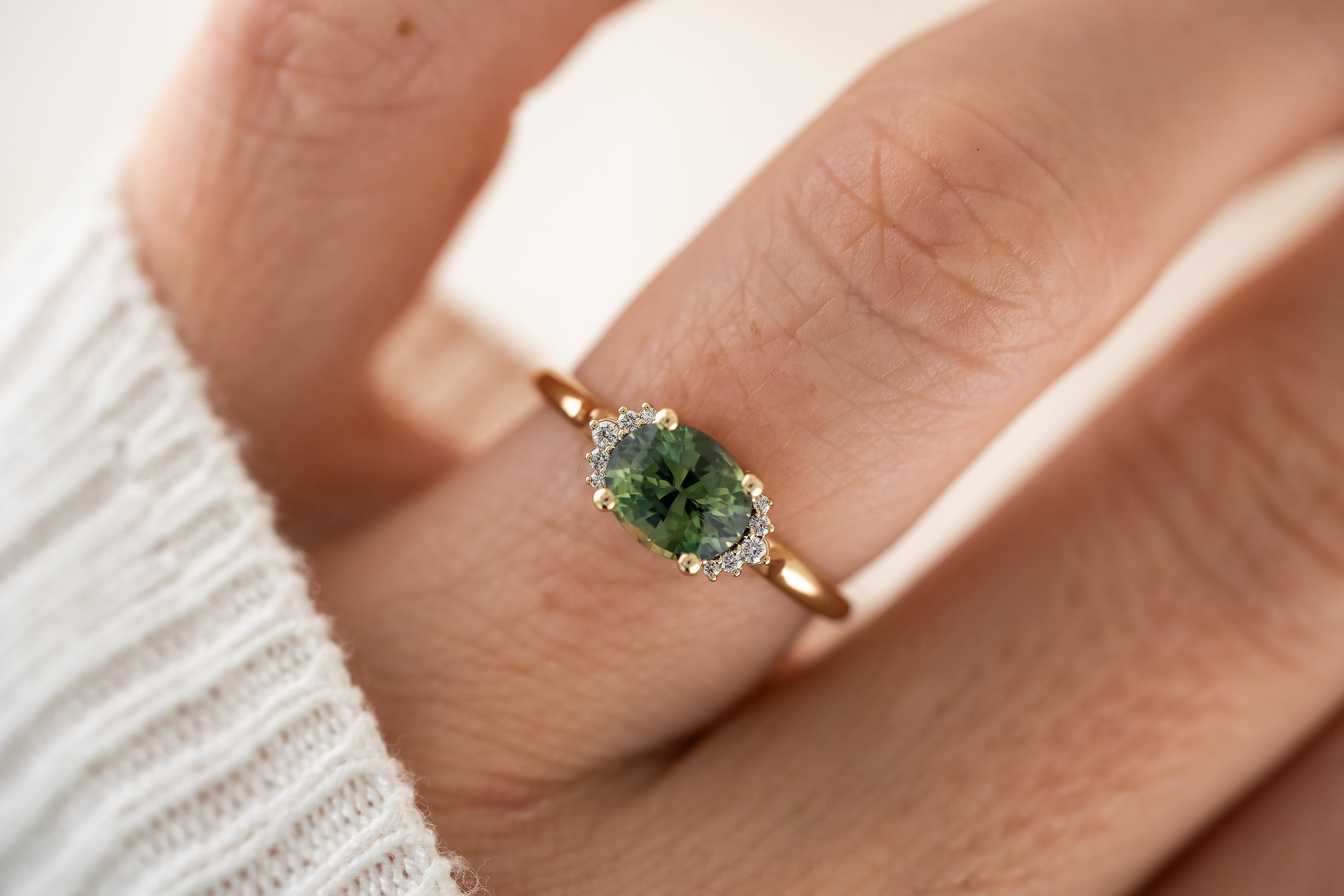 The Half Halo Ring | 1.57 CT Oval Teal Sapphire - Lavender Creek Gems