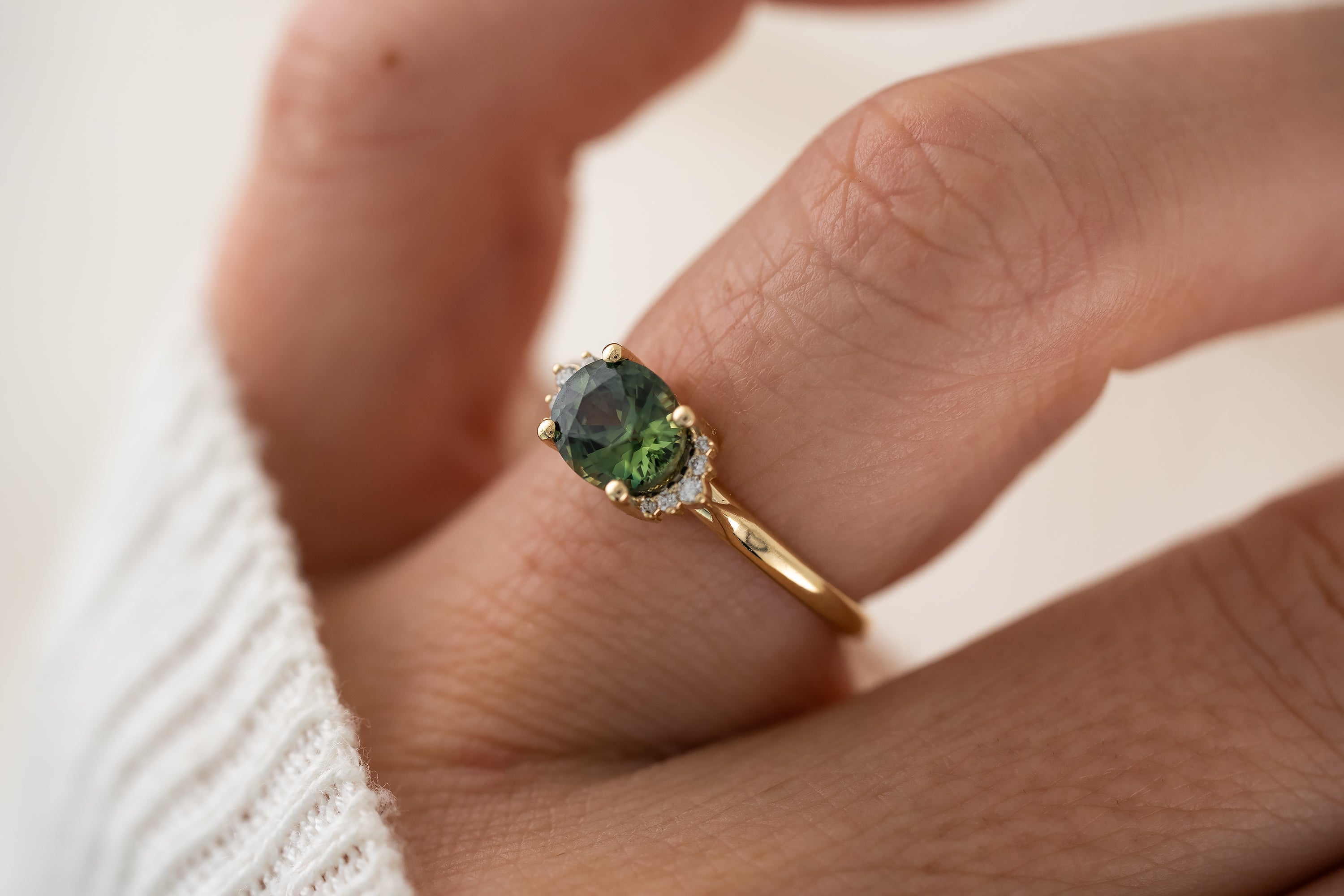 The Half Halo Ring | 1.57 CT Oval Teal Sapphire - Lavender Creek Gems