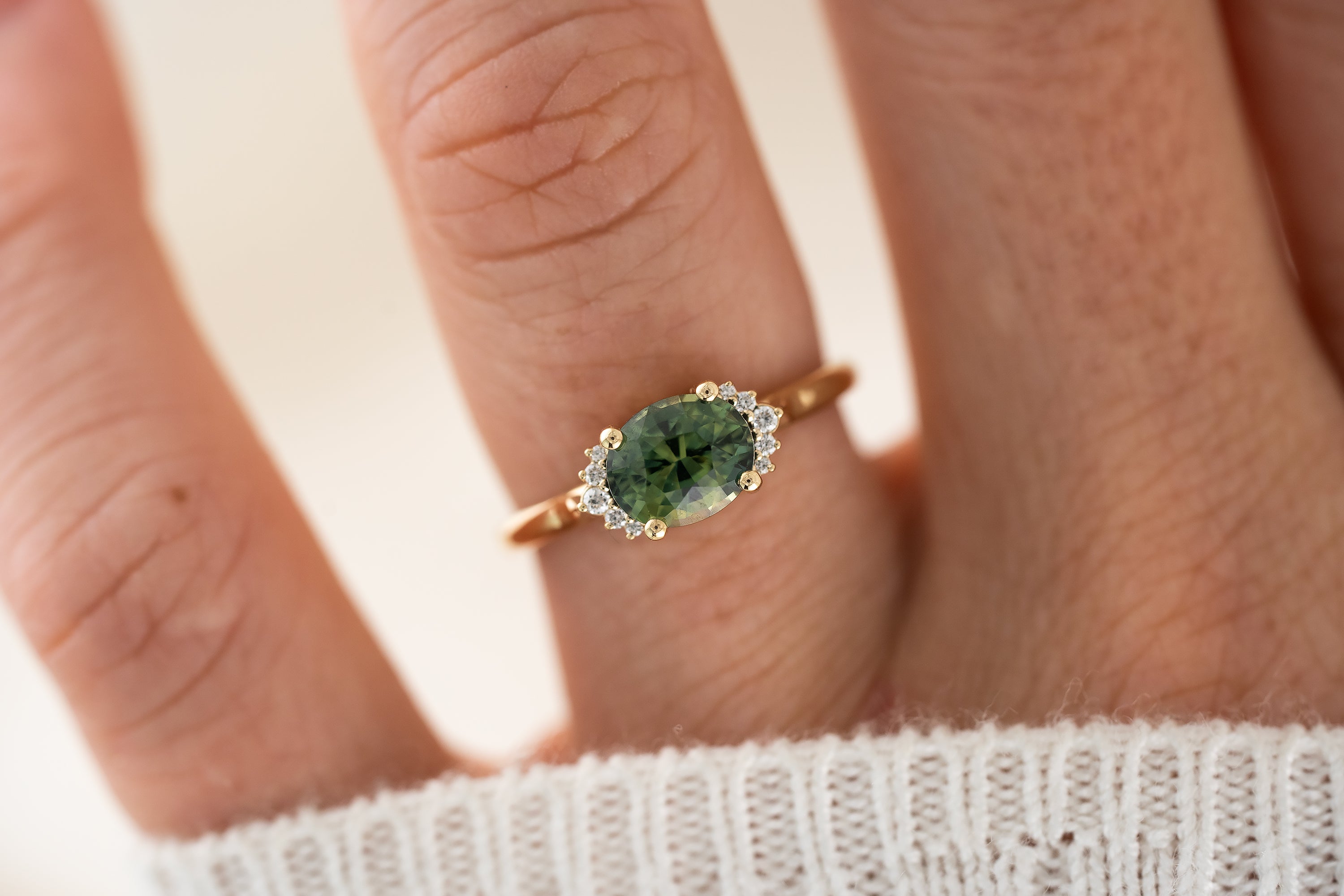 The Half Halo Ring | 1.57 CT Oval Teal Sapphire - Lavender Creek Gems