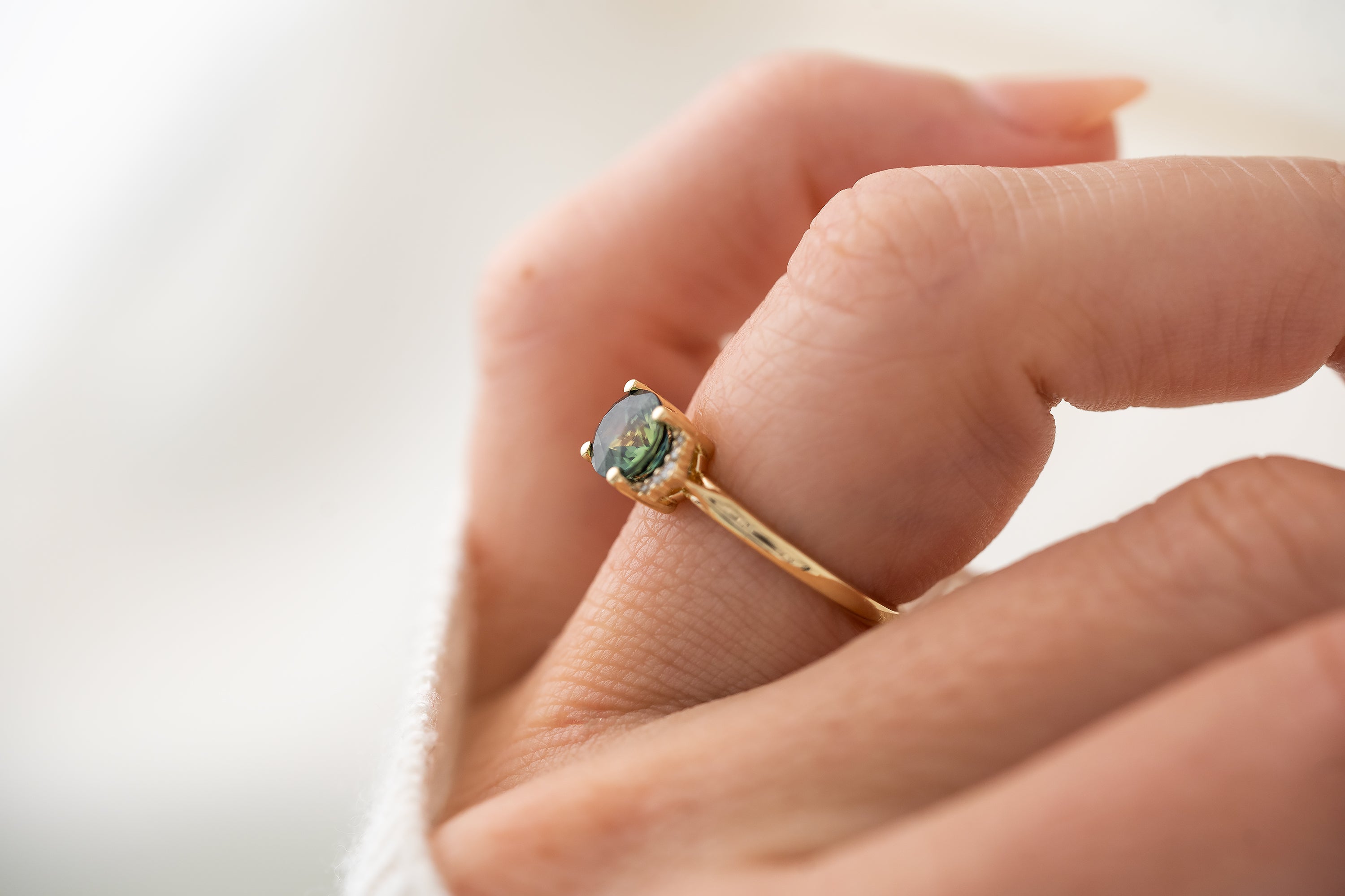 The Half Halo Ring | 1.57 CT Oval Teal Sapphire - Lavender Creek Gems