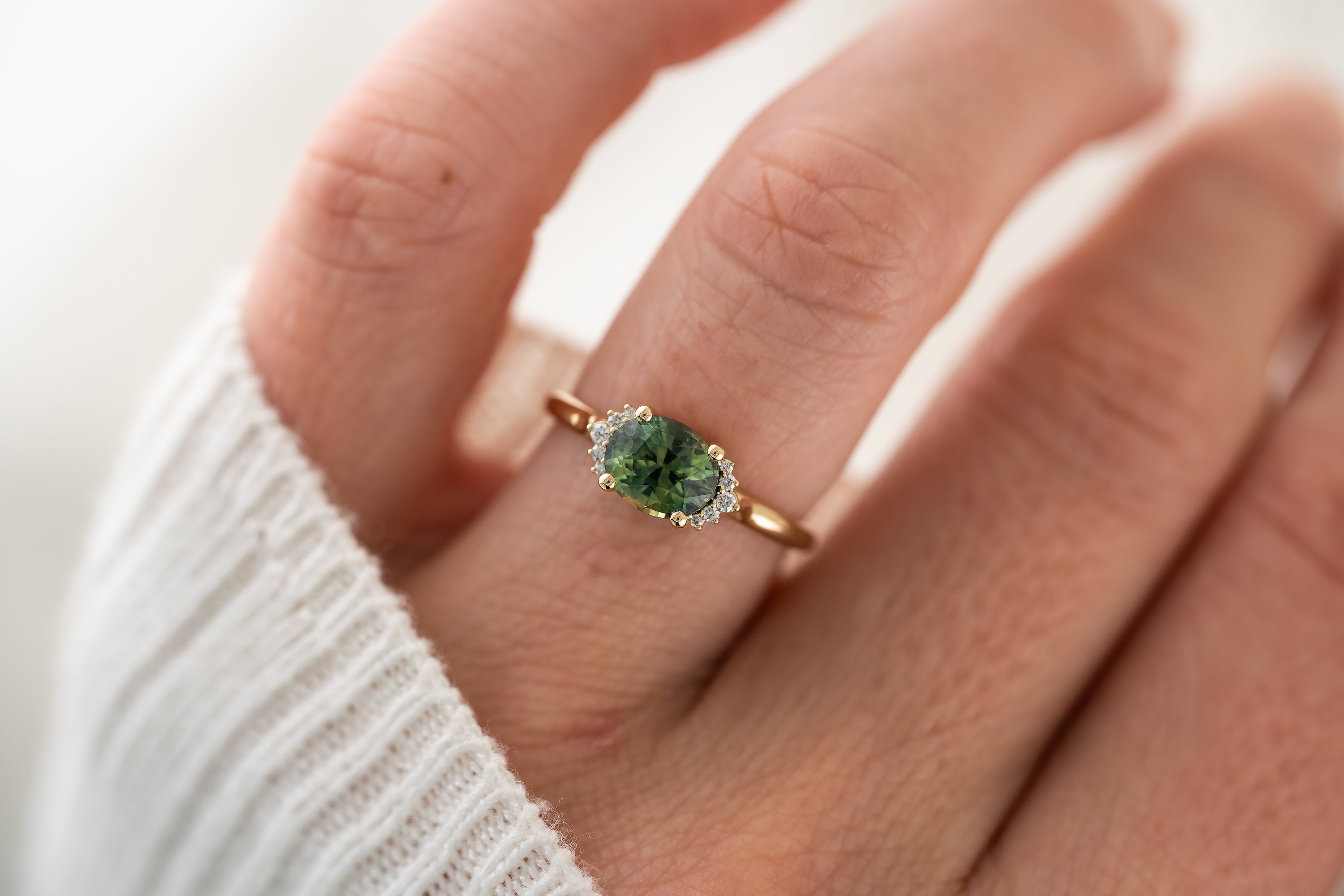 The Half Halo Ring | 1.57 CT Oval Teal Sapphire - Lavender Creek Gems