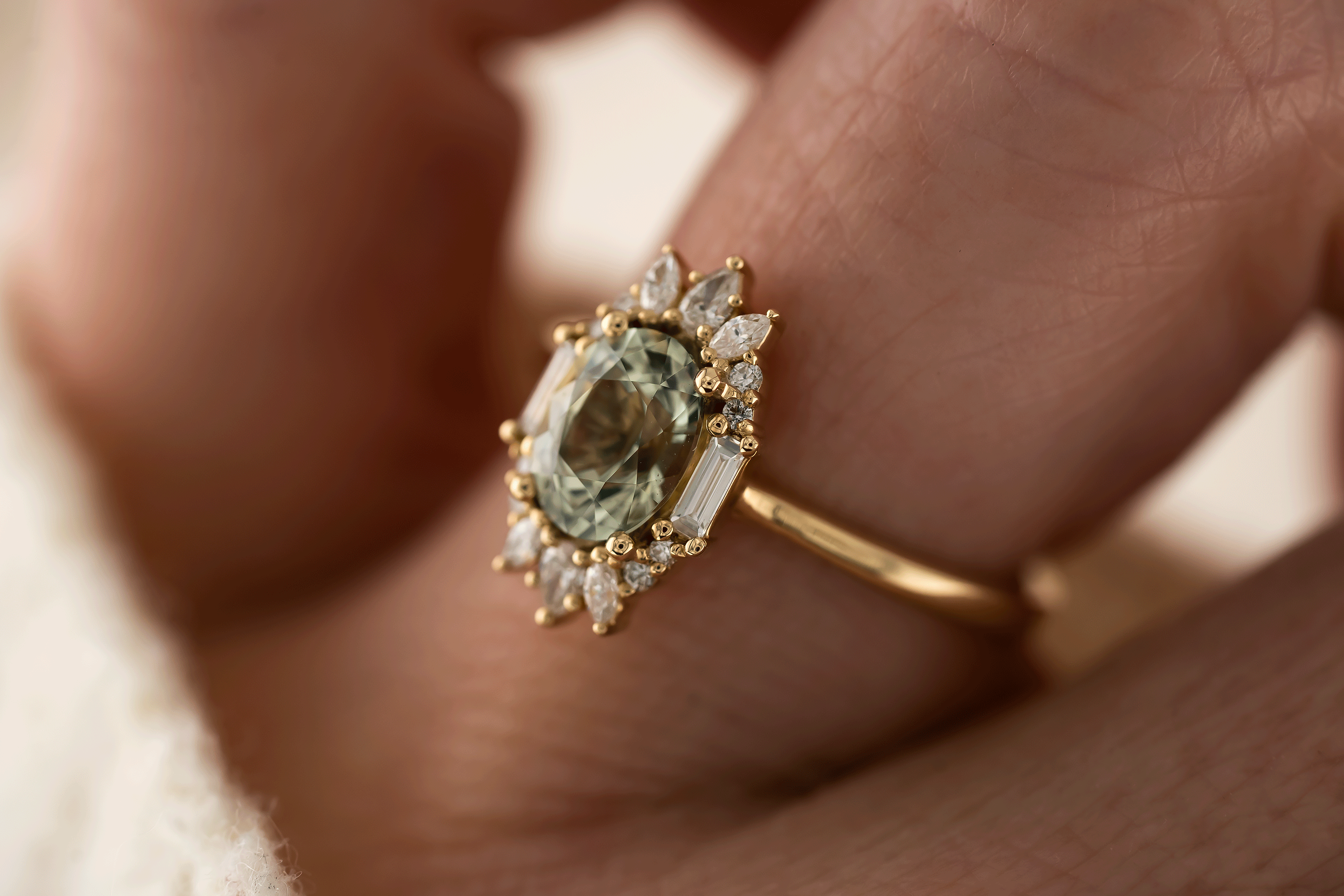 The Georgia Ring | 1.52 CT Oval Light Green Sapphire - Lavender Creek Gems