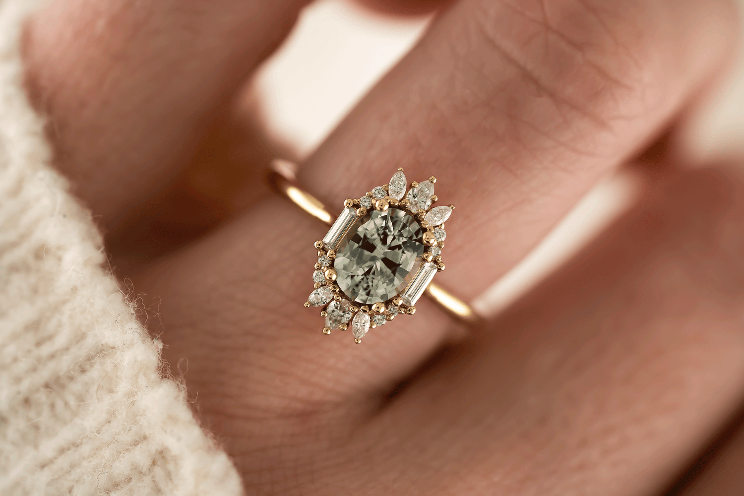 The Georgia Ring | 1.52 CT Oval Light Green Sapphire - Lavender Creek Gems