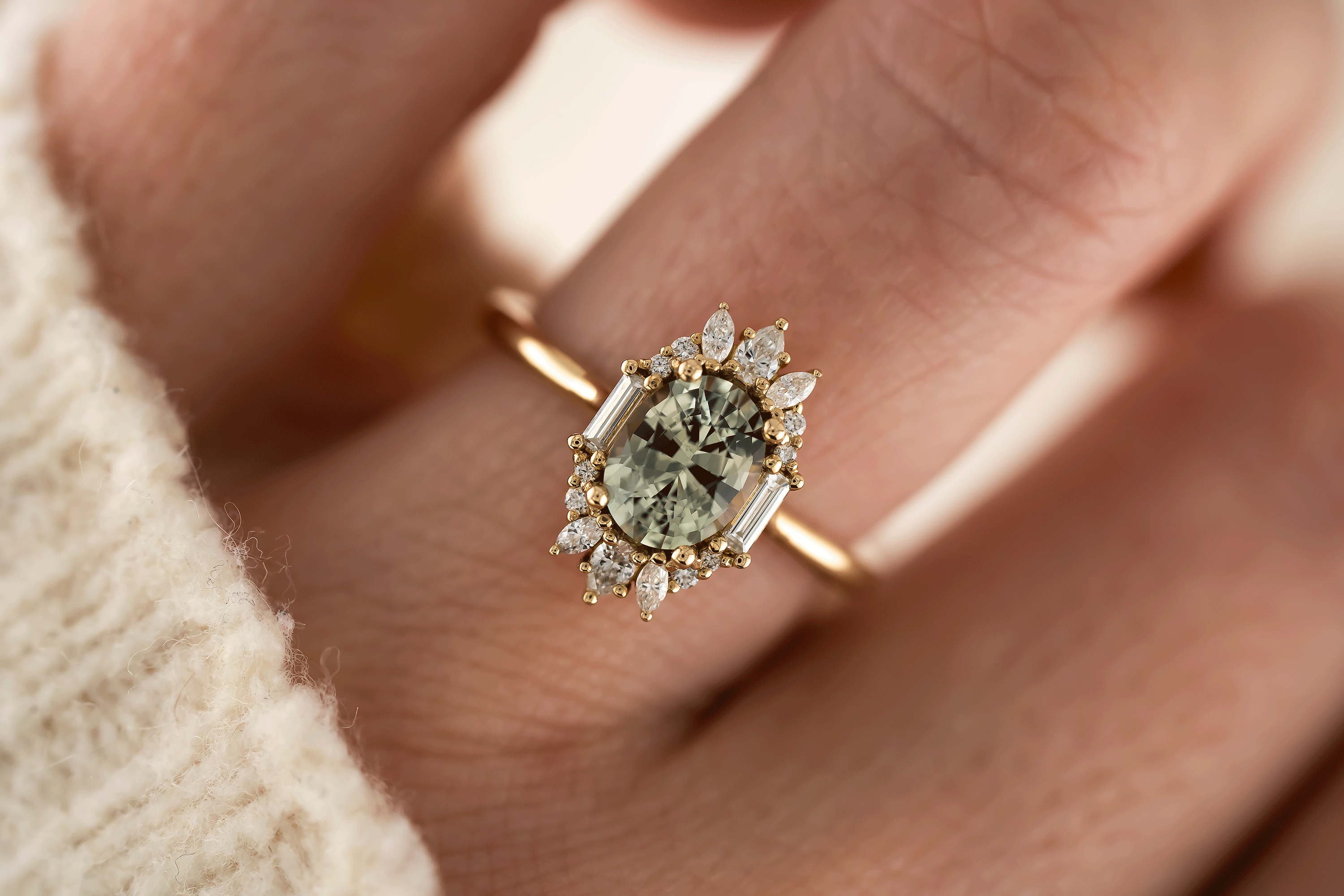 The Georgia Ring | 1.52 CT Oval Light Green Sapphire - Lavender Creek Gems