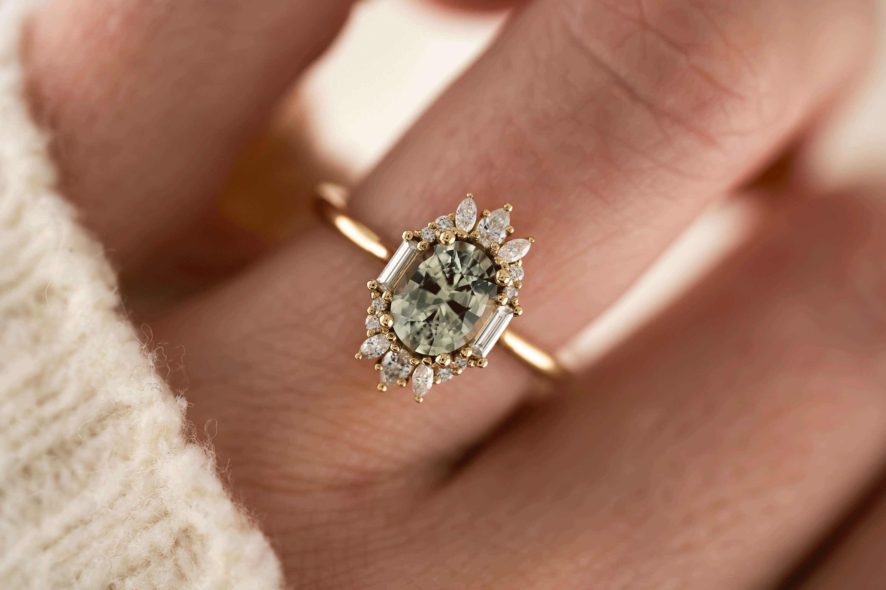 The Georgia Ring | 1.52 CT Oval Light Green Sapphire - Lavender Creek Gems