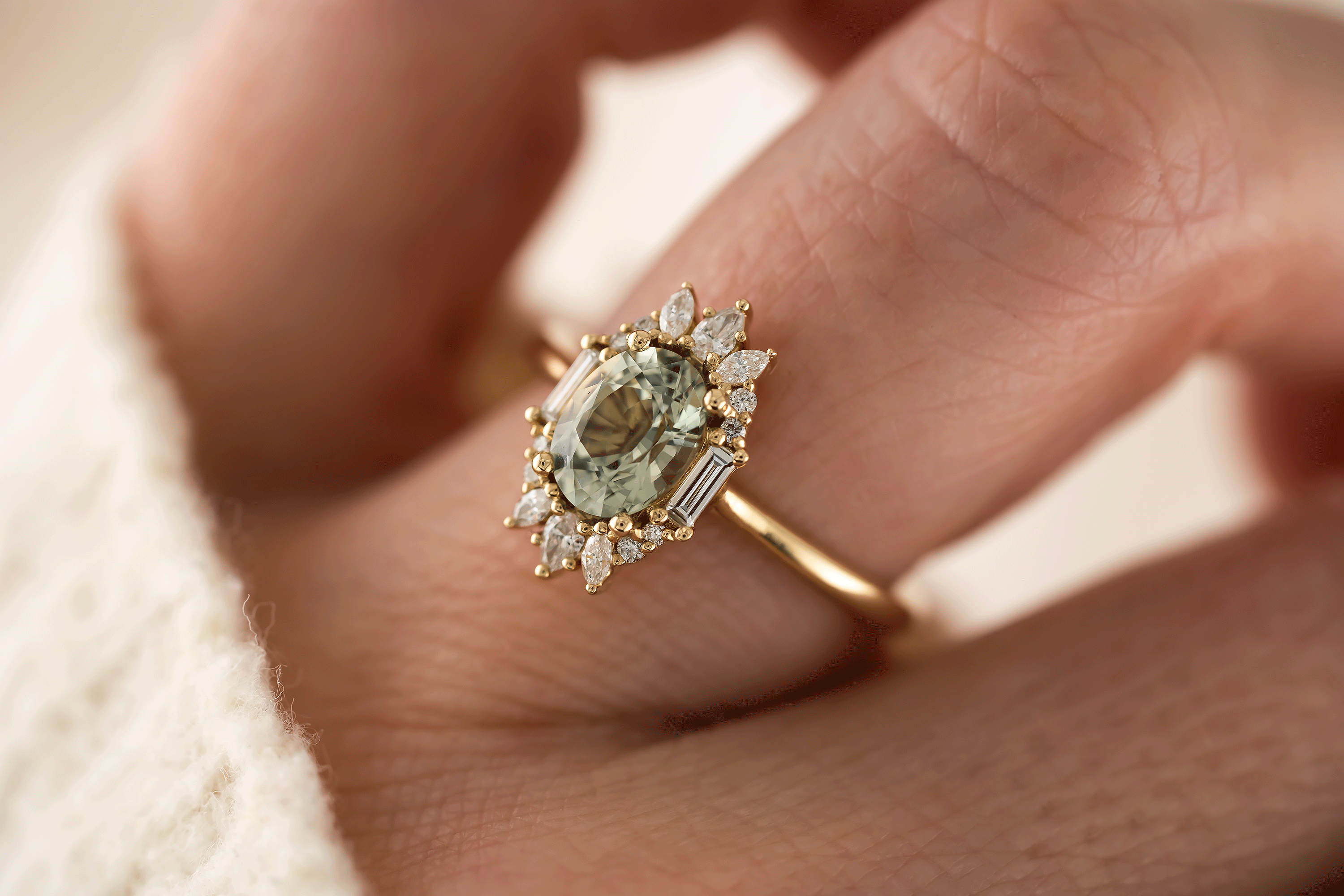 The Georgia Ring | 1.52 CT Oval Light Green Sapphire - Lavender Creek Gems