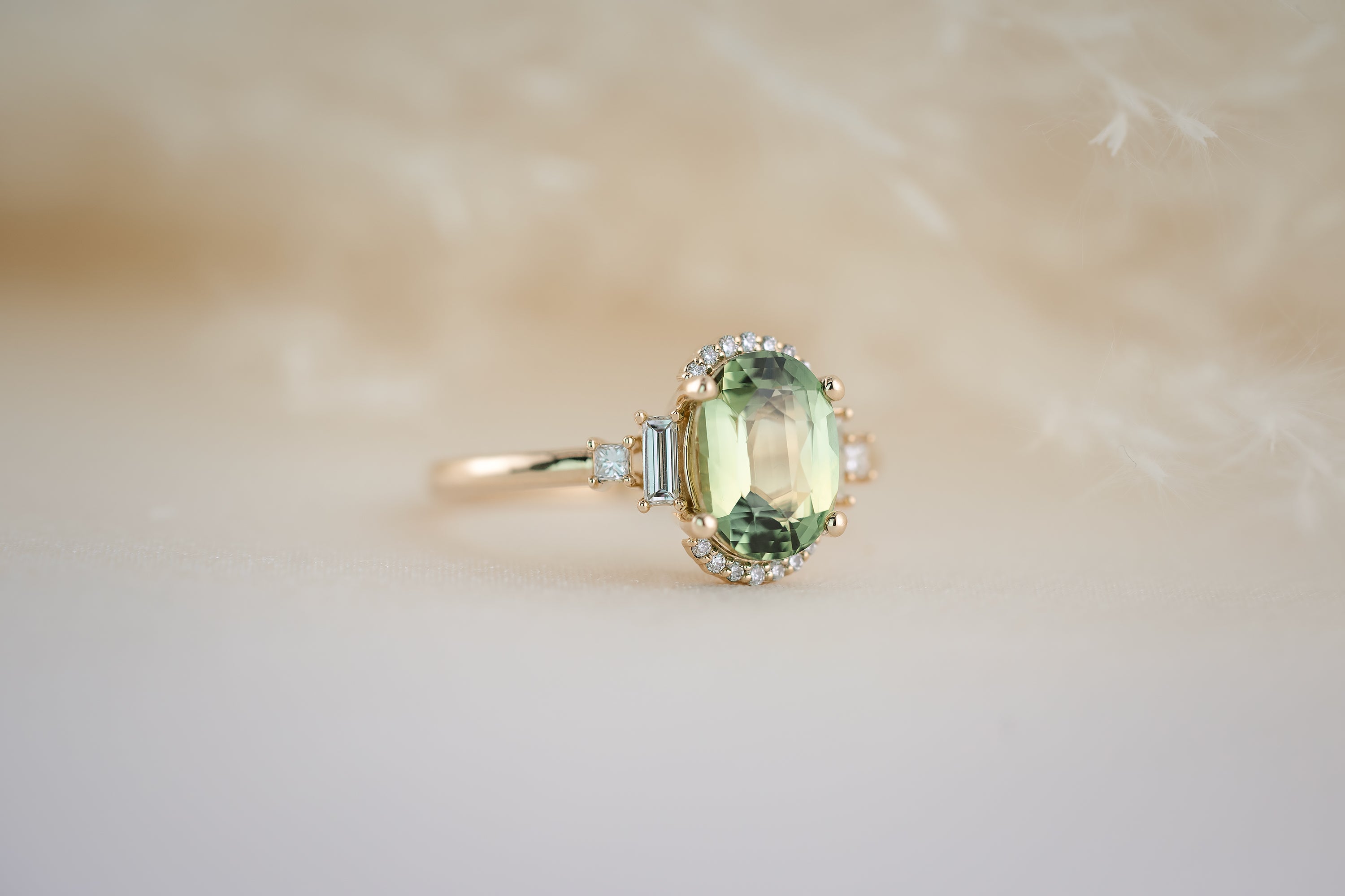 The Sura 2.42 CT Oval Apple Green Sapphire Ring - Lavender Creek Gems