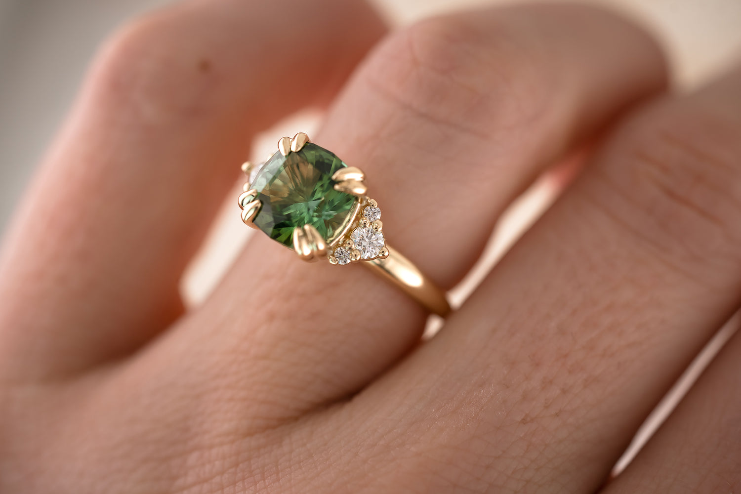 The Paloma 3.1 CT Cushion Green Tourmaline Ring - Lavender Creek Gems