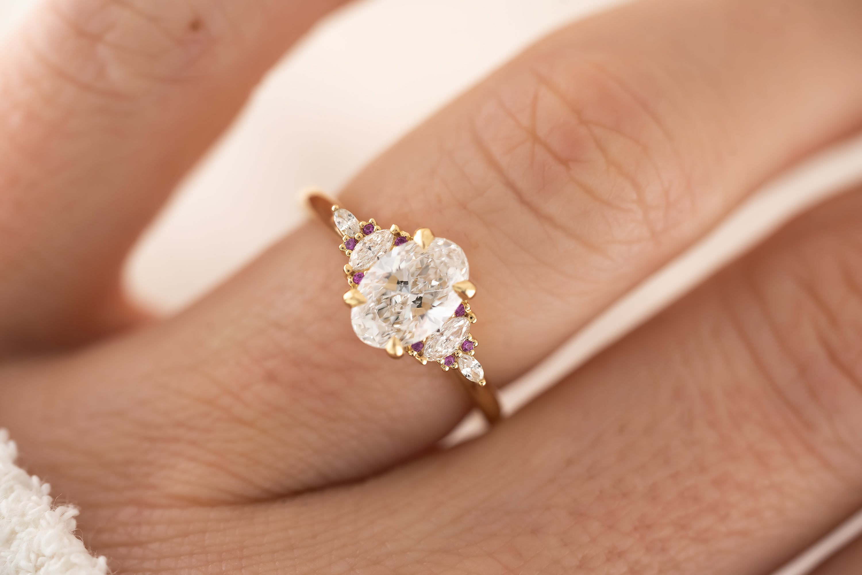 The Maeve Ring - 1.21 CT Oval Lab Diamond + Hot Pink Sapphire - Lavender Creek Gems