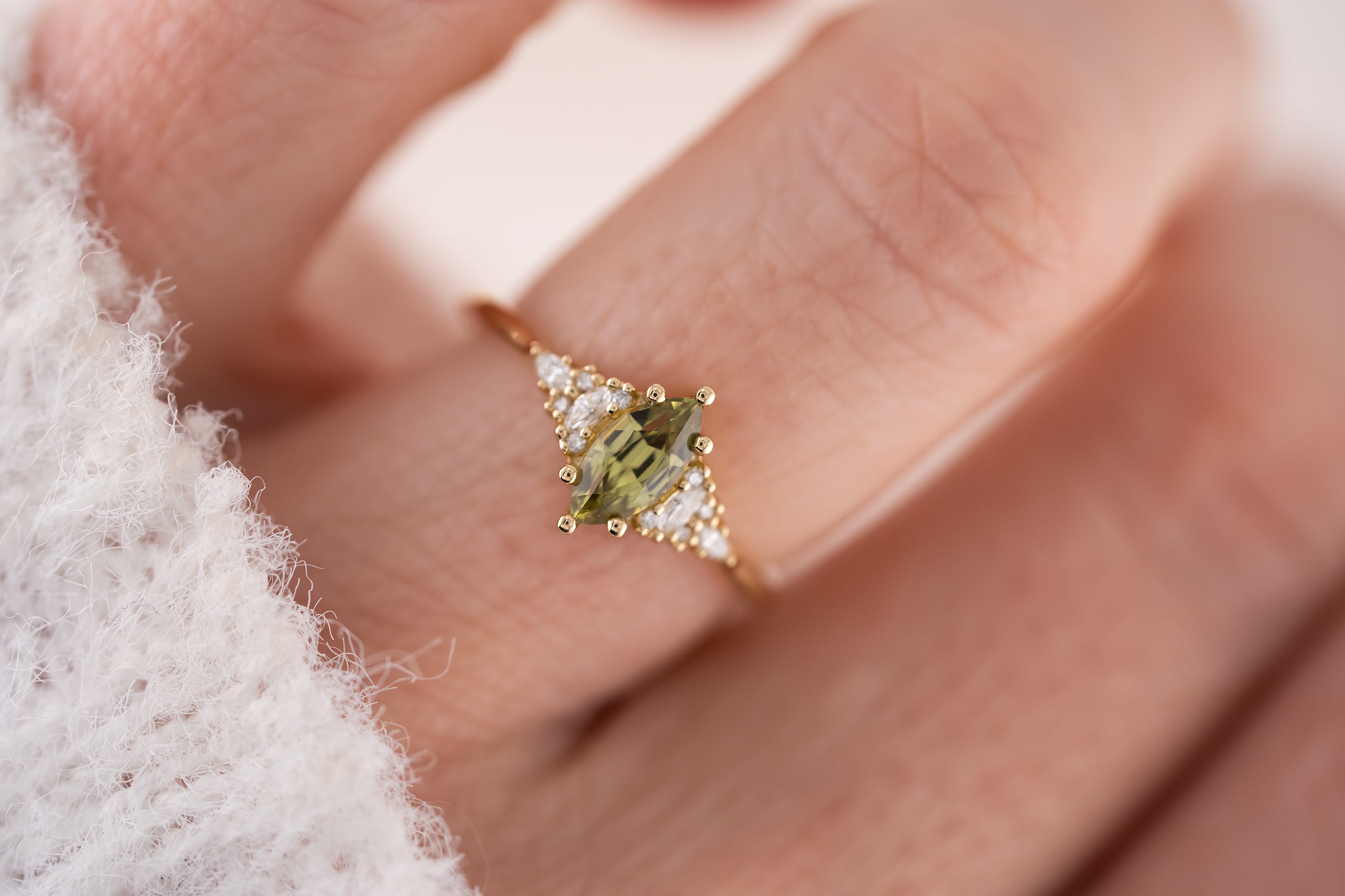 The Mini Maeve Ring | 0.69 CT Marquise Cut Light Green Sapphire - Lavender Creek Gems