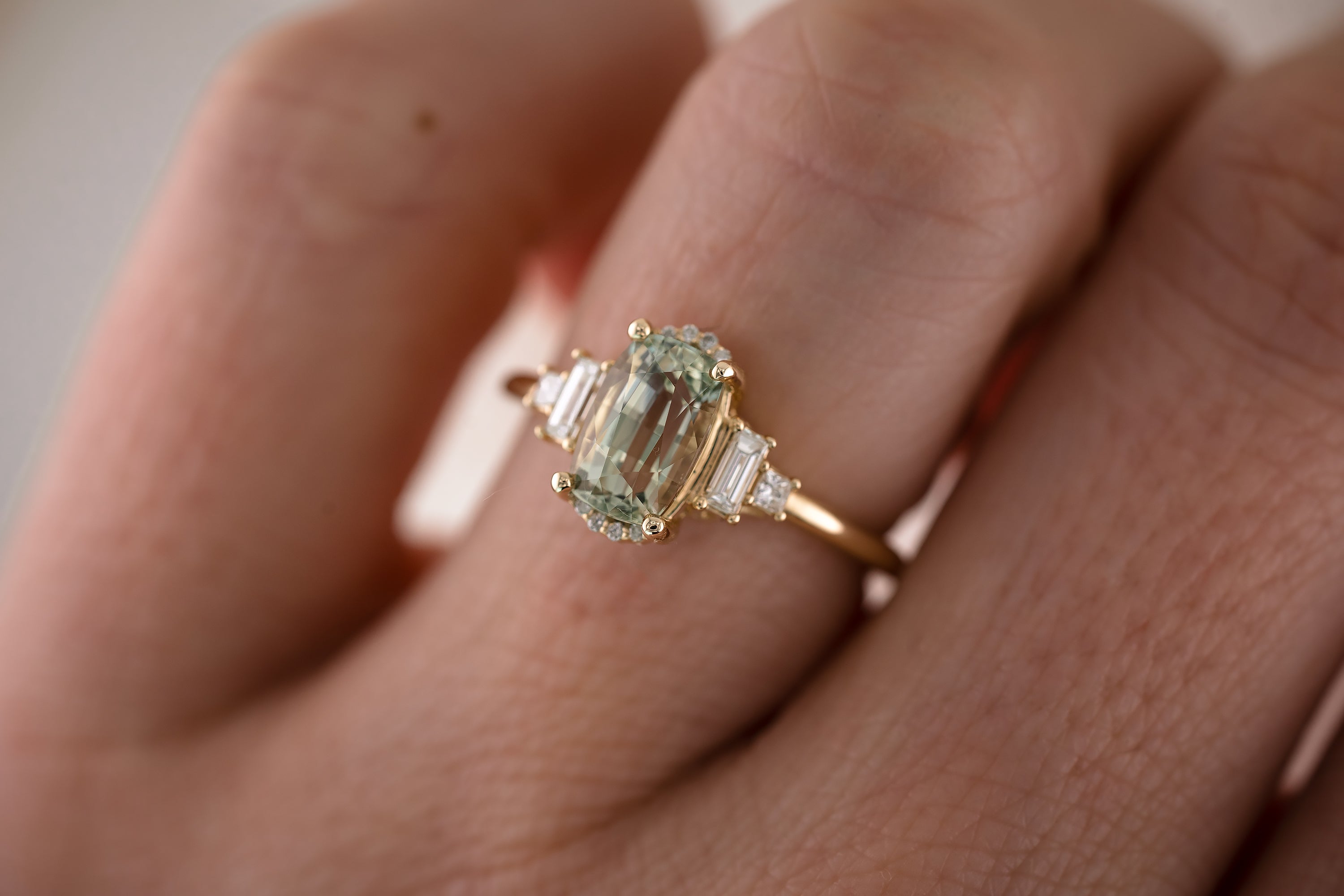The Sura 2.03 CT Antique Cushion Mint Green Sapphire Ring - Lavender Creek Gems