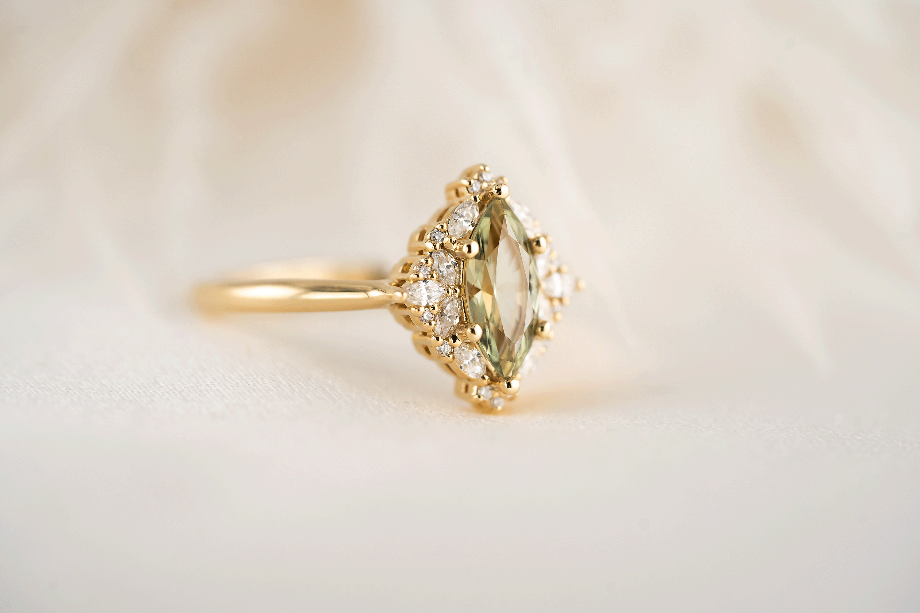 The Noemi Ring | 0.8 CT Marquise Light Green Sapphire - Lavender Creek Gems