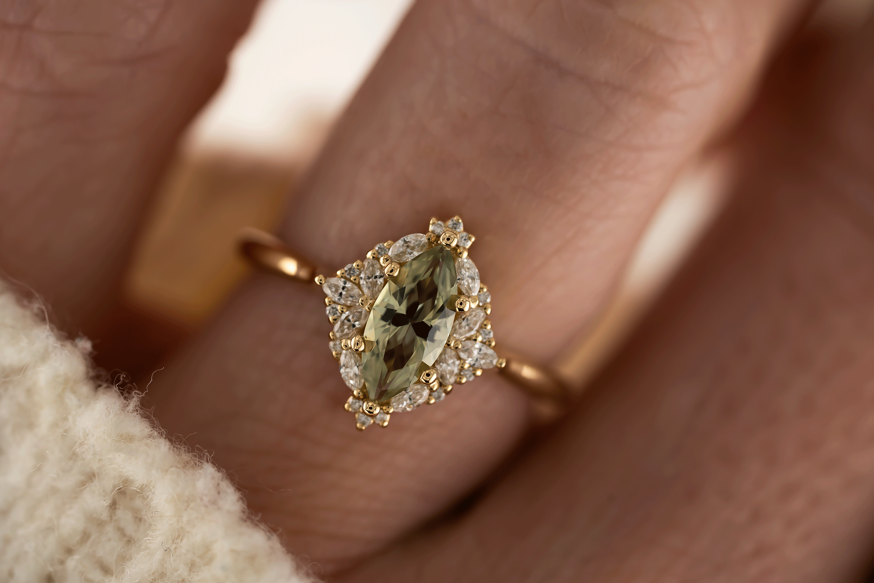 The Noemi Ring | 0.8 CT Marquise Light Green Sapphire - Lavender Creek Gems