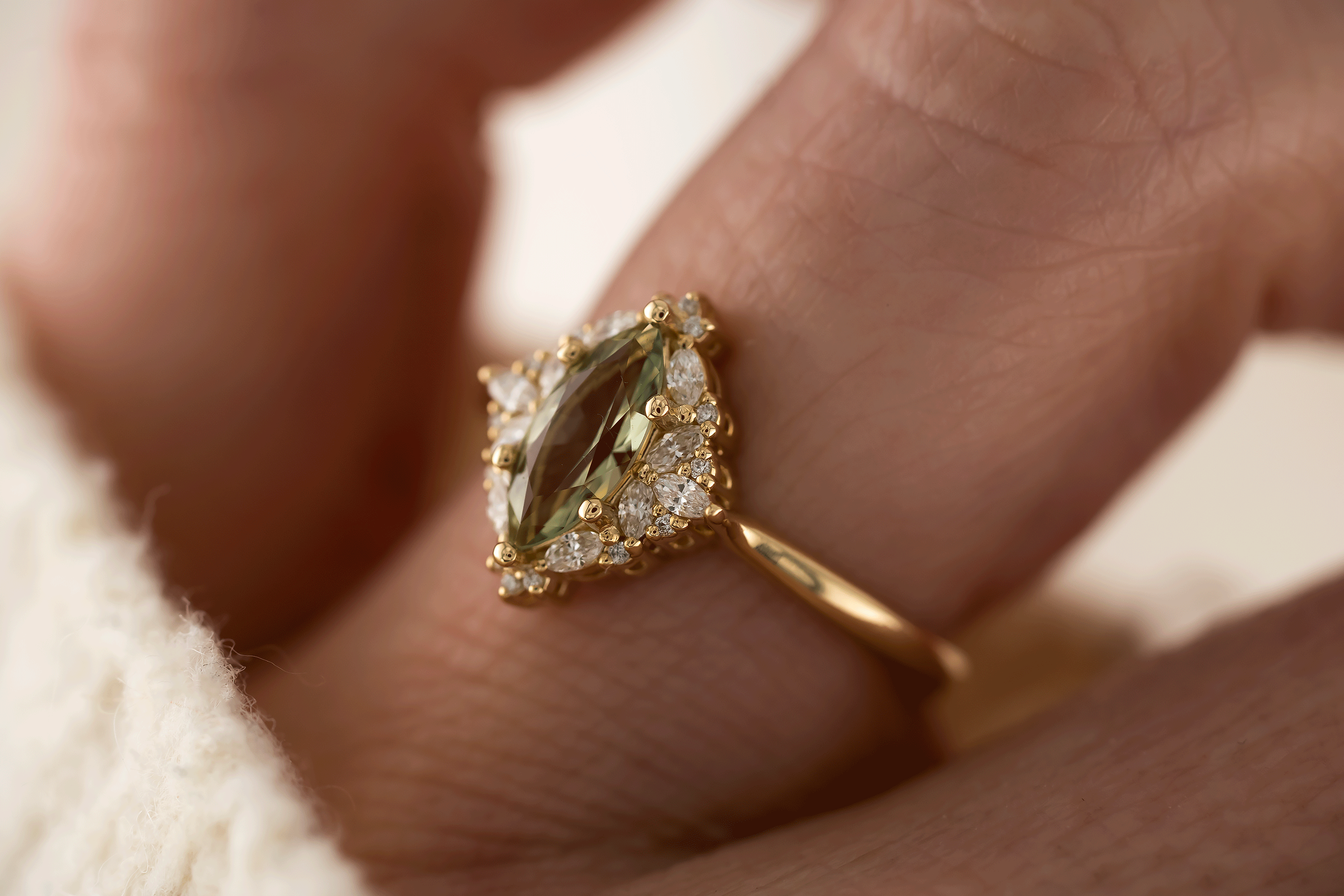 The Noemi Ring | 0.8 CT Marquise Light Green Sapphire - Lavender Creek Gems