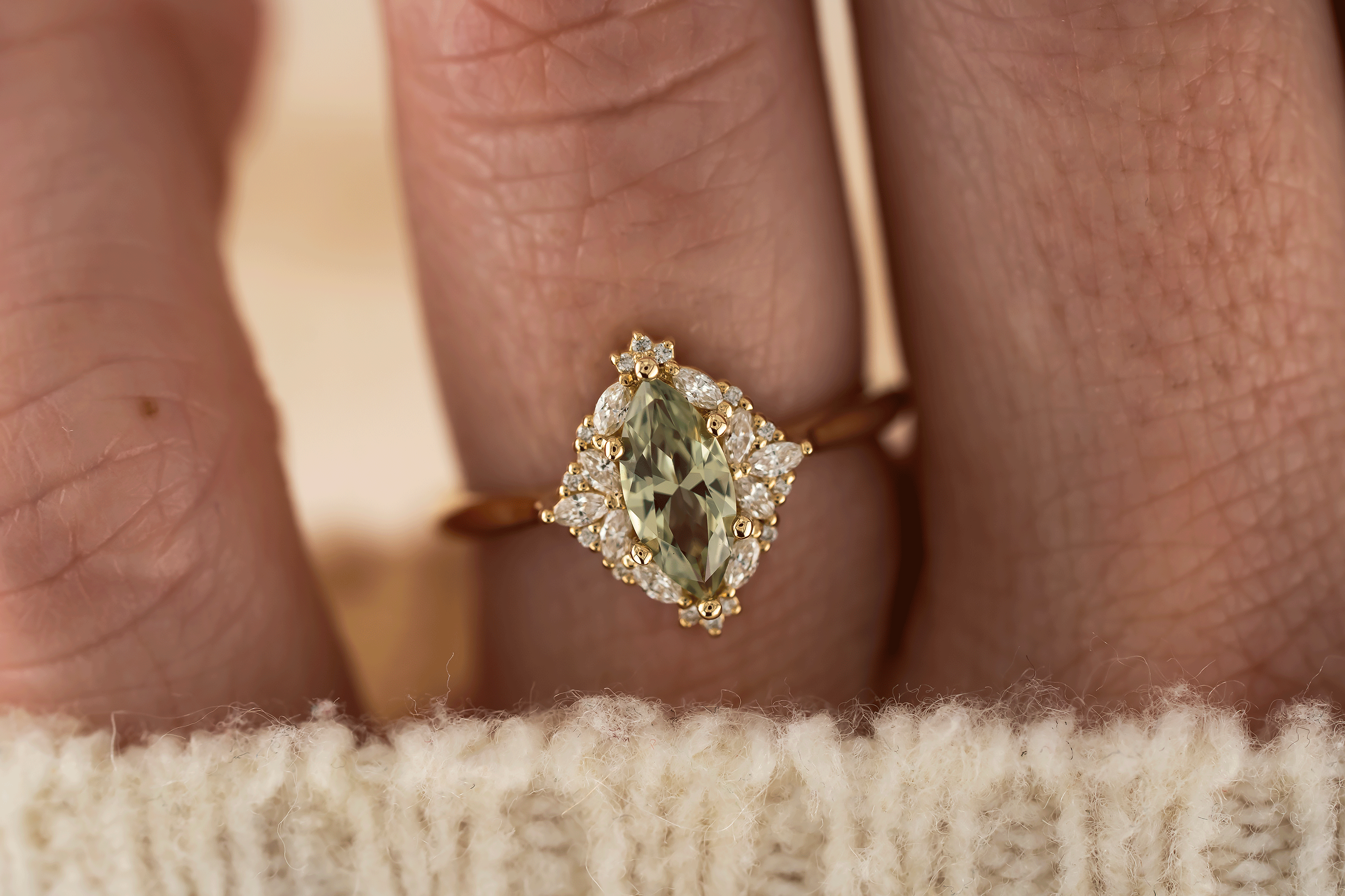 The Noemi Ring | 0.8 CT Marquise Light Green Sapphire - Lavender Creek Gems