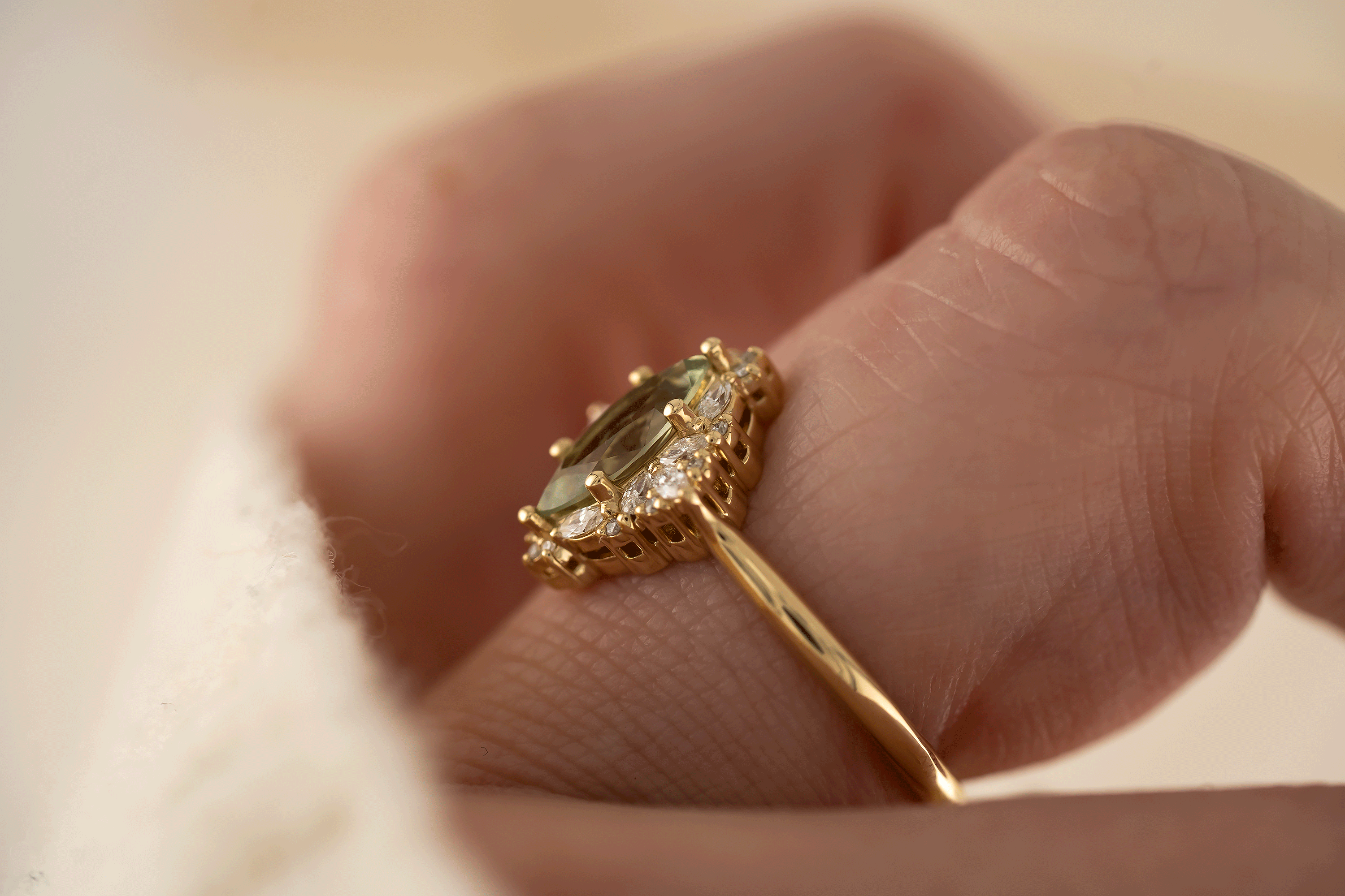 The Noemi Ring | 0.8 CT Marquise Light Green Sapphire - Lavender Creek Gems