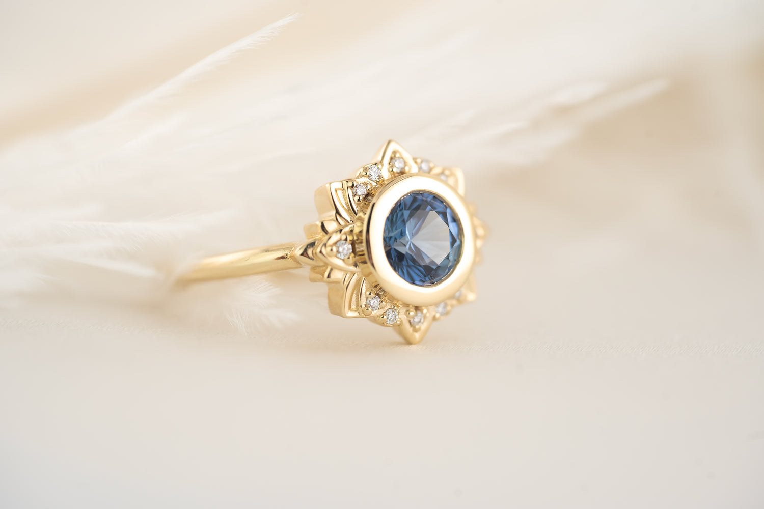 The Lotus Ring - 1 CT Round Blue Sapphire - Lavender Creek Gems