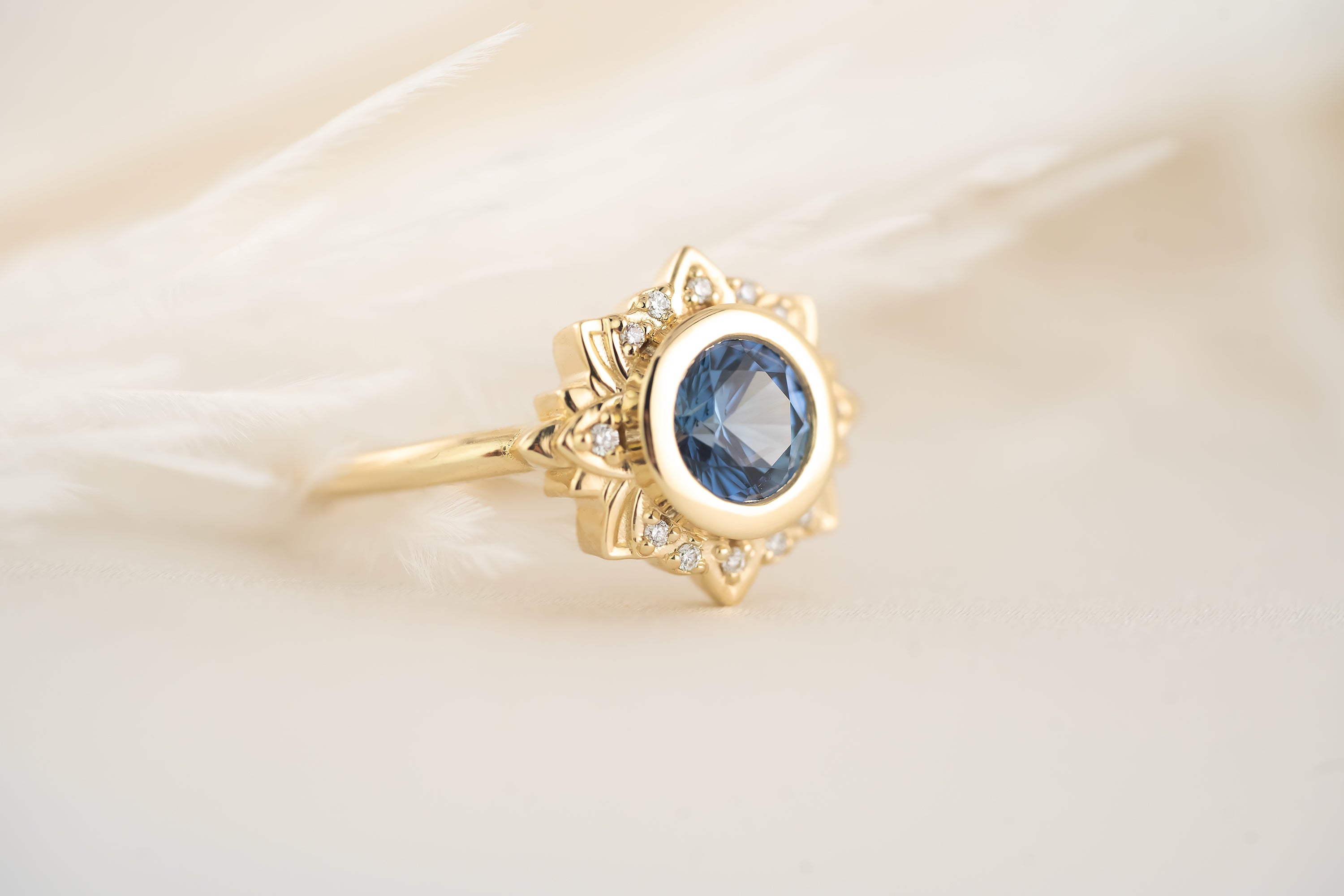 The Lotus Ring - 1 CT Round Blue Sapphire - Lavender Creek Gems