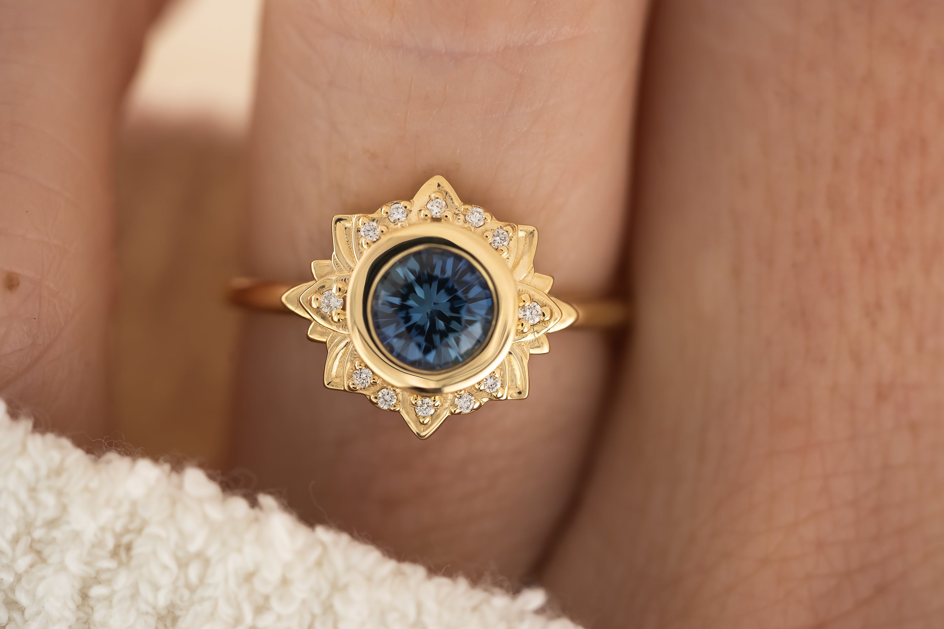 The Lotus Ring - 1 CT Round Blue Sapphire - Lavender Creek Gems