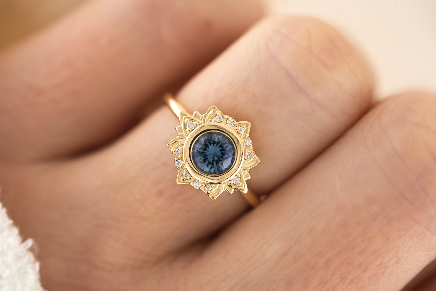The Lotus Ring - 1 CT Round Blue Sapphire - Lavender Creek Gems