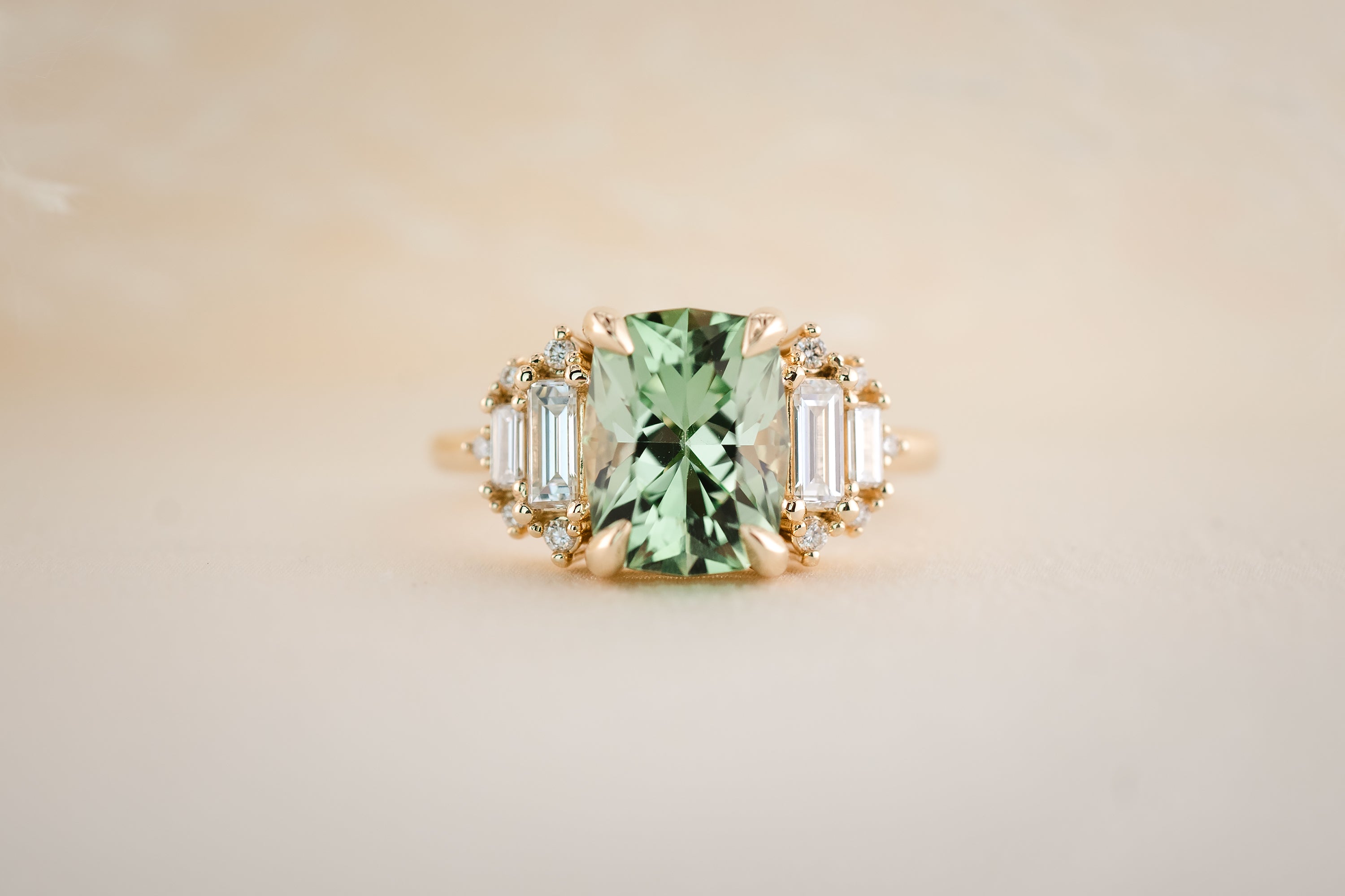 The Soleil Ring | 3.2 CT Radiant Mint Green Tourmaline - Lavender Creek Gems