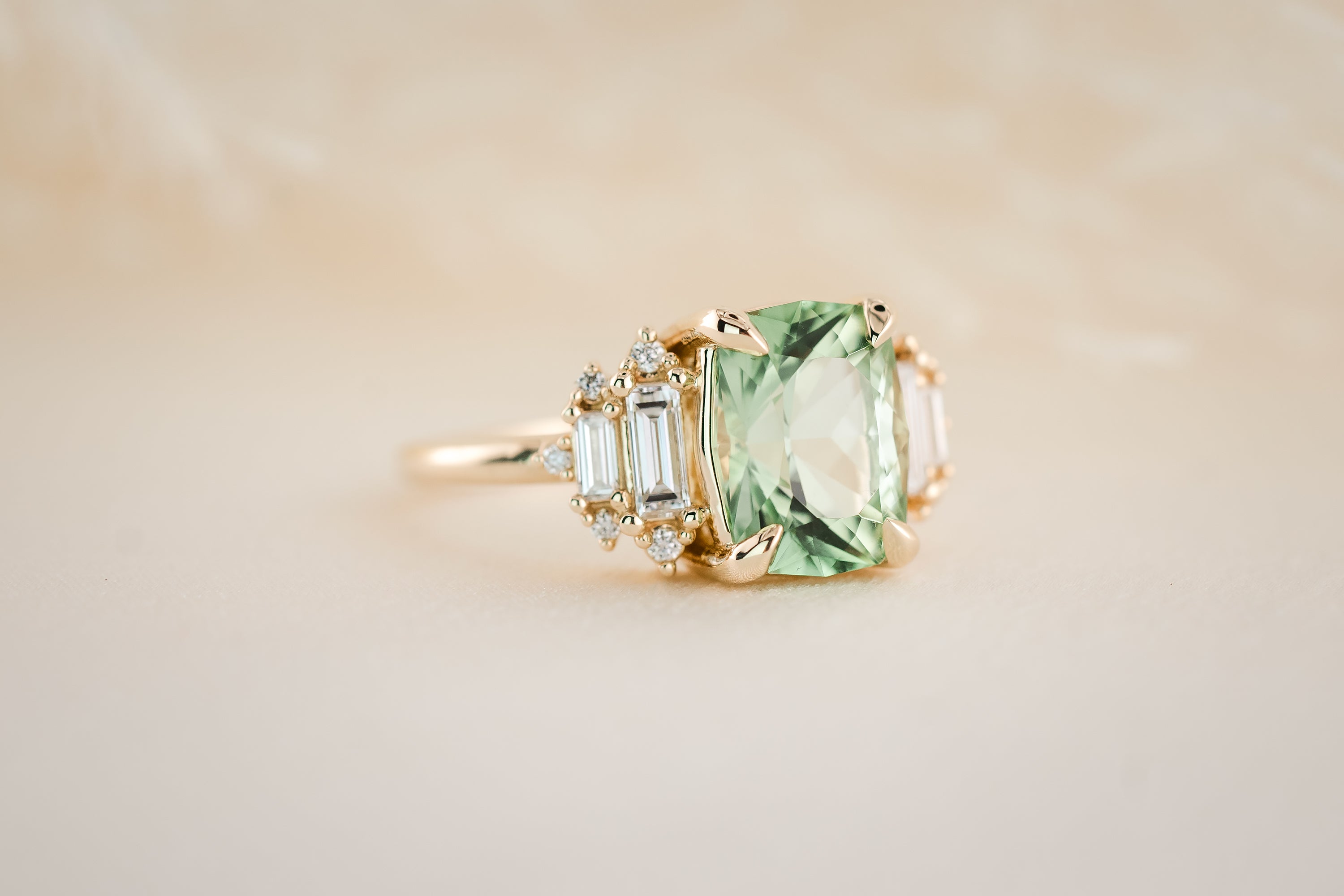 The Soleil Ring | 3.2 CT Radiant Mint Green Tourmaline - Lavender Creek Gems