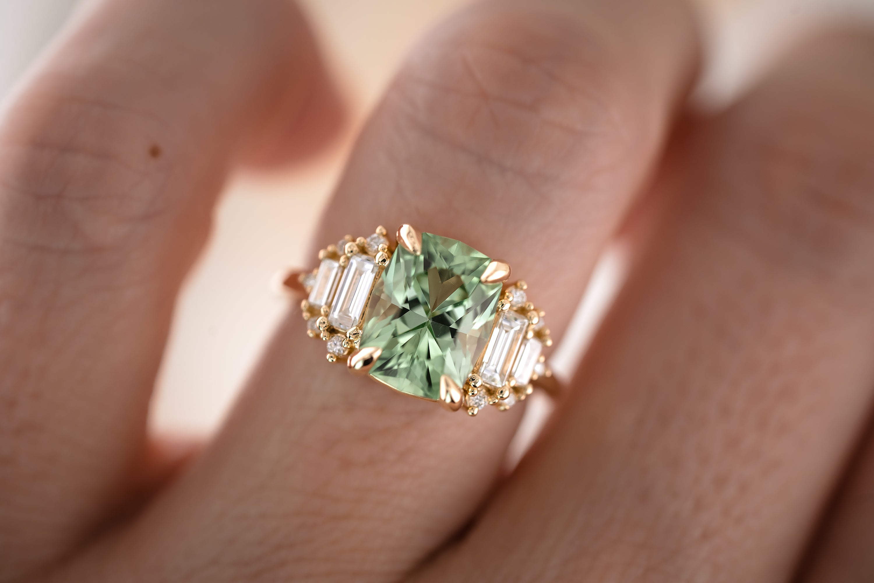 The Soleil Ring | 3.2 CT Radiant Mint Green Tourmaline - Lavender Creek Gems