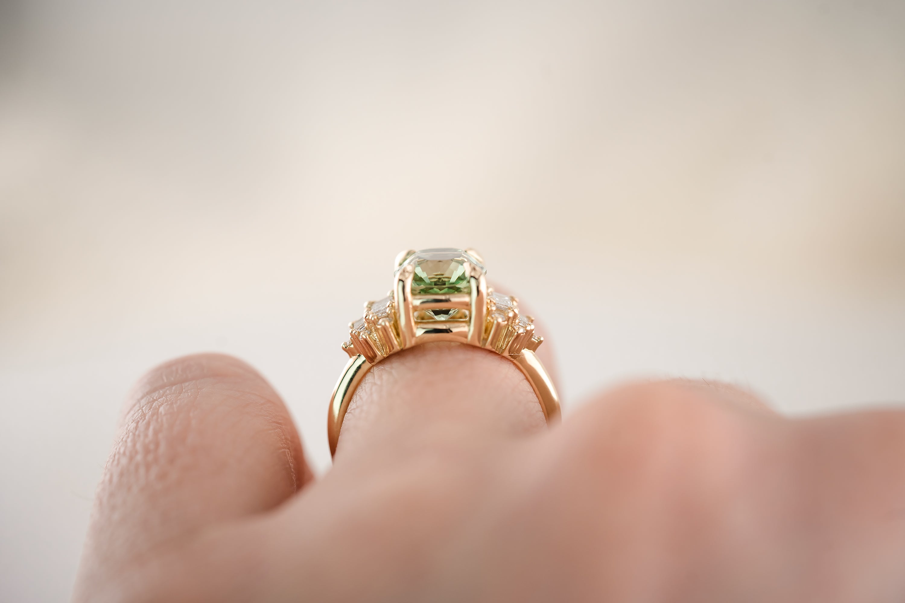 The Soleil Ring | 3.2 CT Radiant Mint Green Tourmaline - Lavender Creek Gems