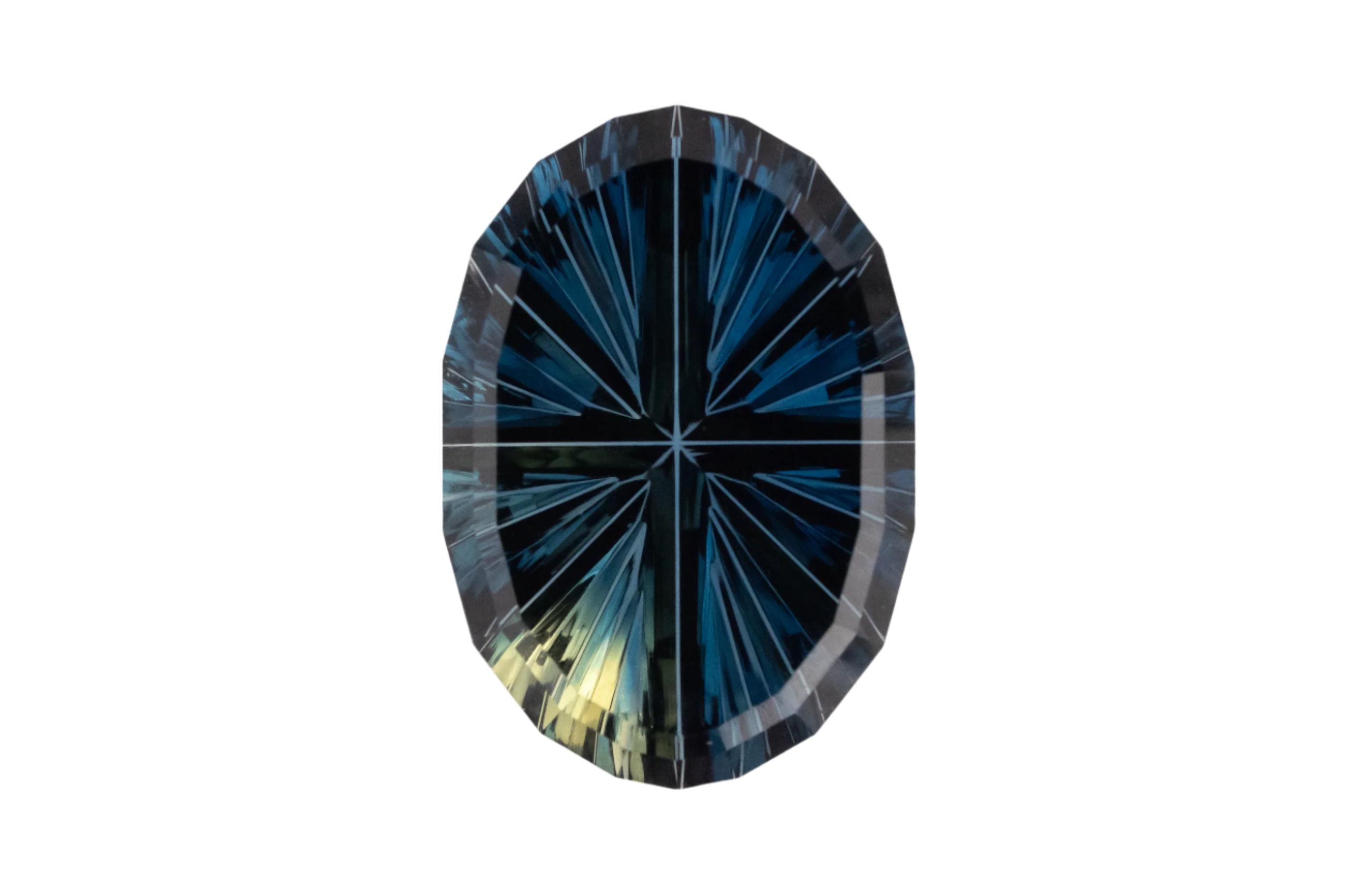 Faceted gemstone with blue and green colors on a white background