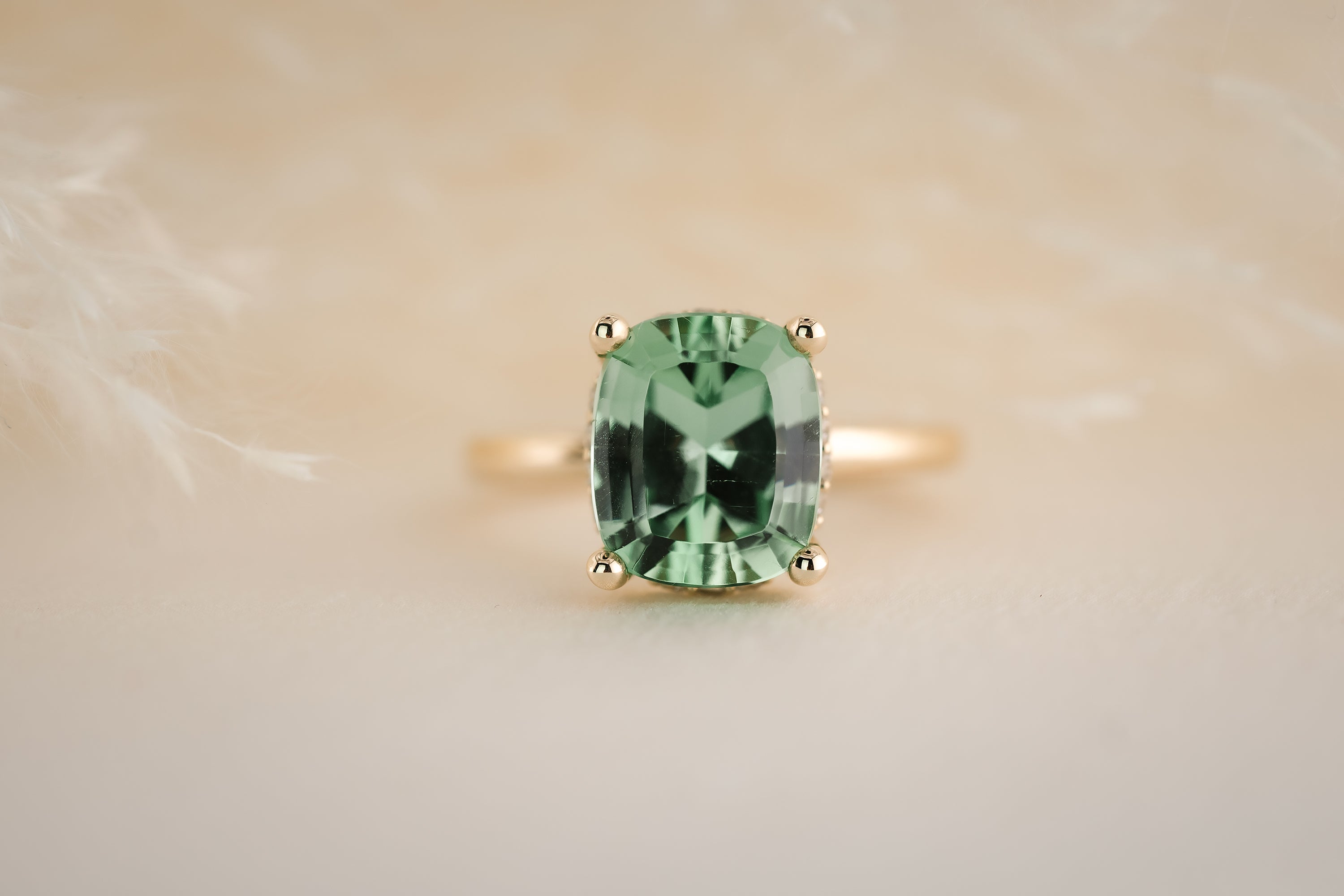 The Hidden Halo Ring - 4.3 CT Cushion Apple Green Tourmaline - Lavender Creek Gems