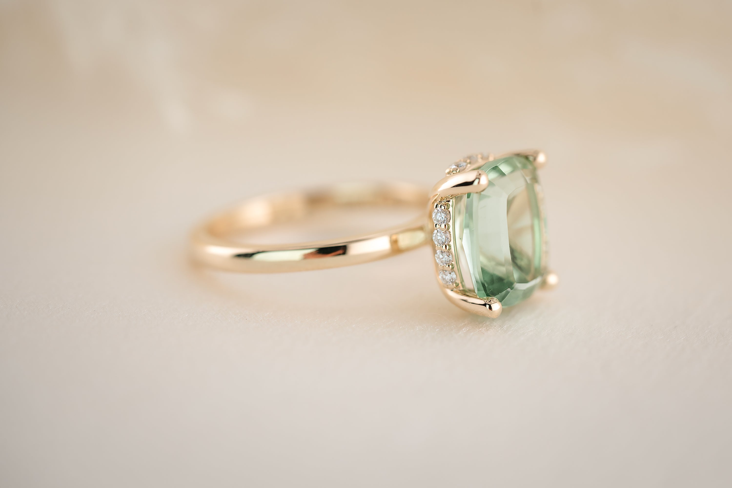 The Hidden Halo Ring - 4.3 CT Cushion Apple Green Tourmaline - Lavender Creek Gems
