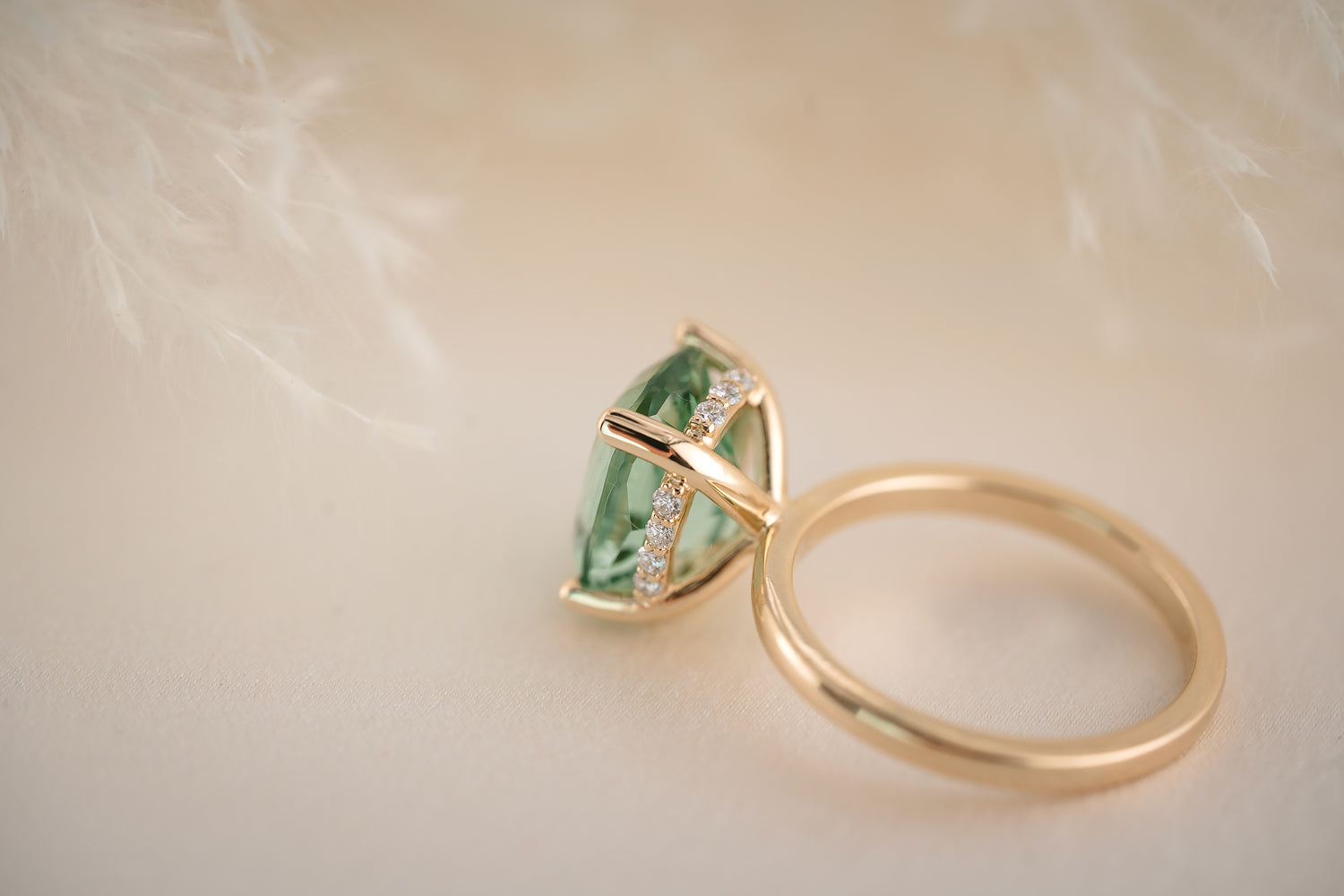 The Hidden Halo Ring - 4.3 CT Cushion Apple Green Tourmaline - Lavender Creek Gems