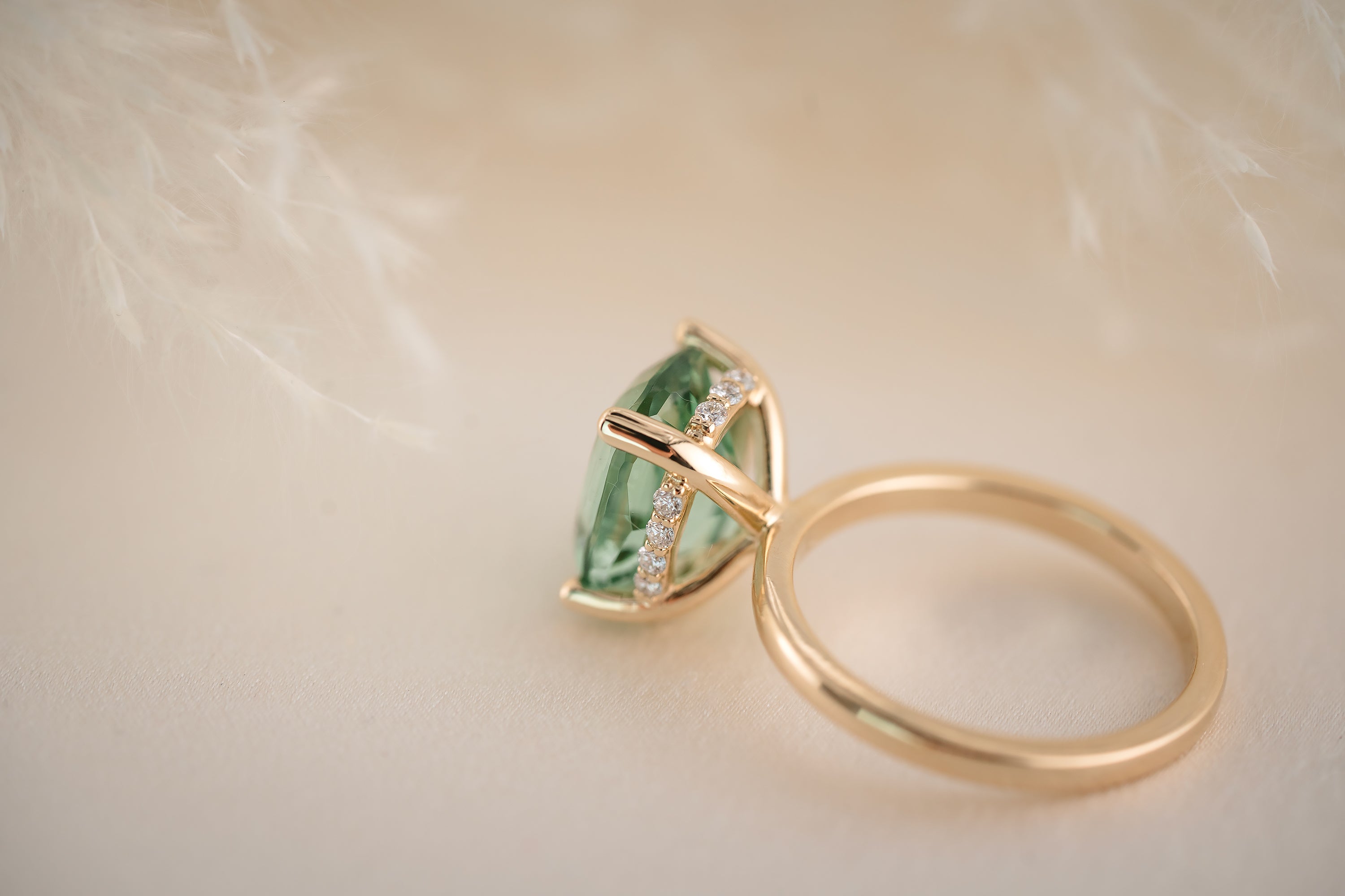 The Hidden Halo Ring - 4.3 CT Cushion Apple Green Tourmaline - Lavender Creek Gems