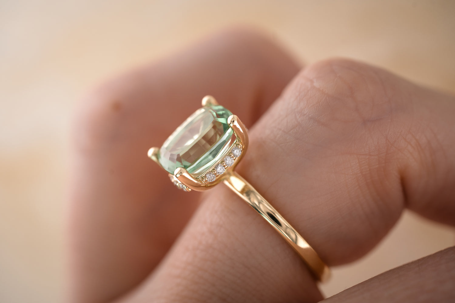 The Hidden Halo Ring - 4.3 CT Cushion Apple Green Tourmaline - Lavender Creek Gems