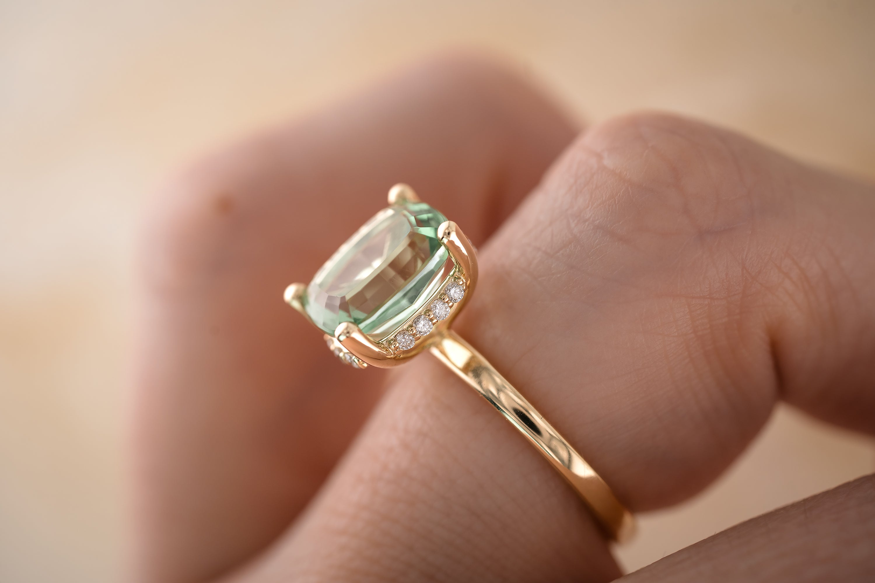 The Hidden Halo Ring - 4.3 CT Cushion Apple Green Tourmaline - Lavender Creek Gems