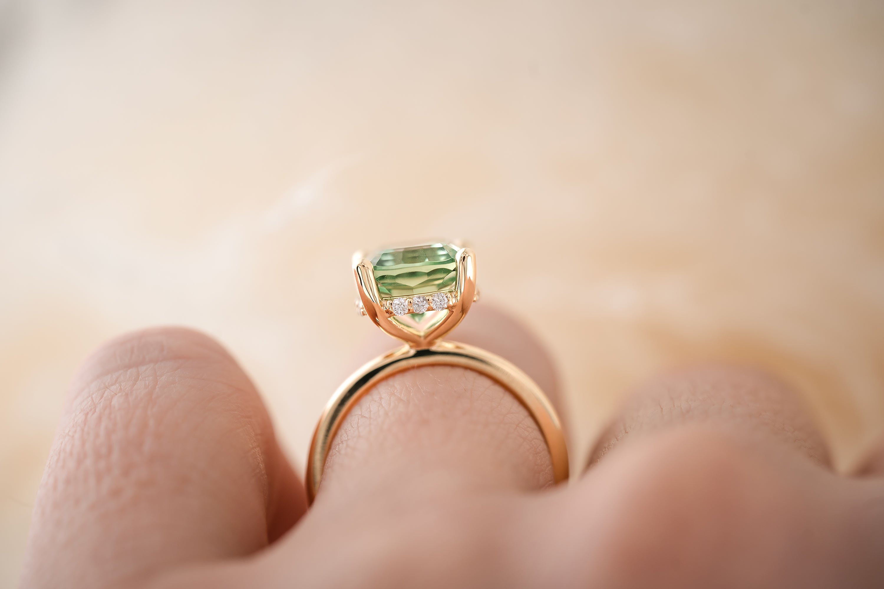 The Hidden Halo Ring - 4.3 CT Cushion Apple Green Tourmaline - Lavender Creek Gems