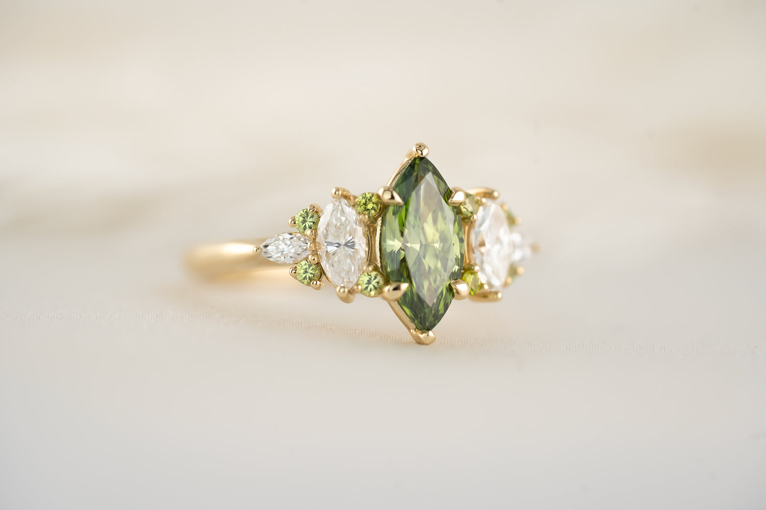 The Maeve Ring - 1 CT Marquise Green Lab Diamond + Demantoid Garnet - Lavender Creek Gems