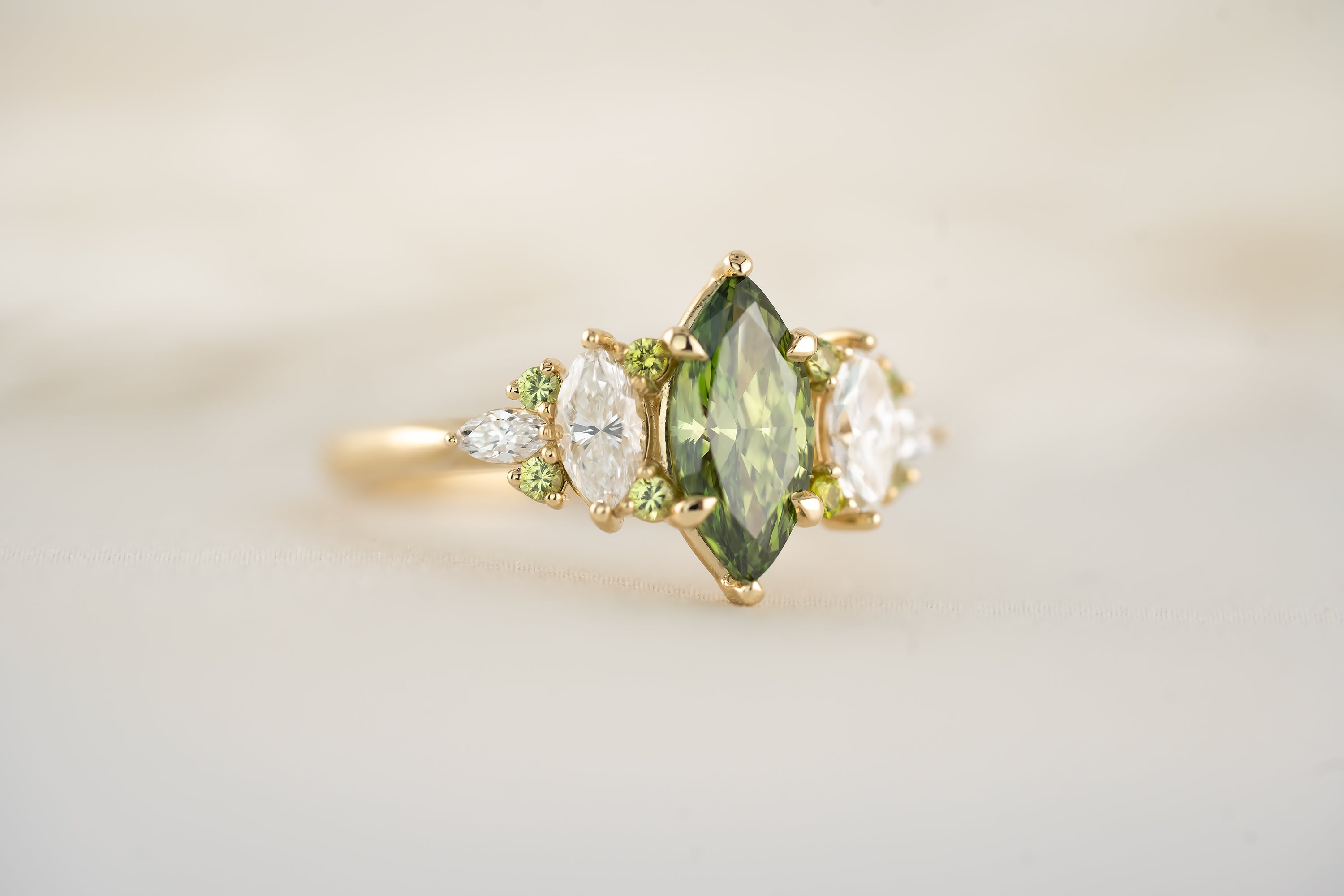 The Maeve Ring - 1 CT Marquise Green Lab Diamond + Demantoid Garnet - Lavender Creek Gems