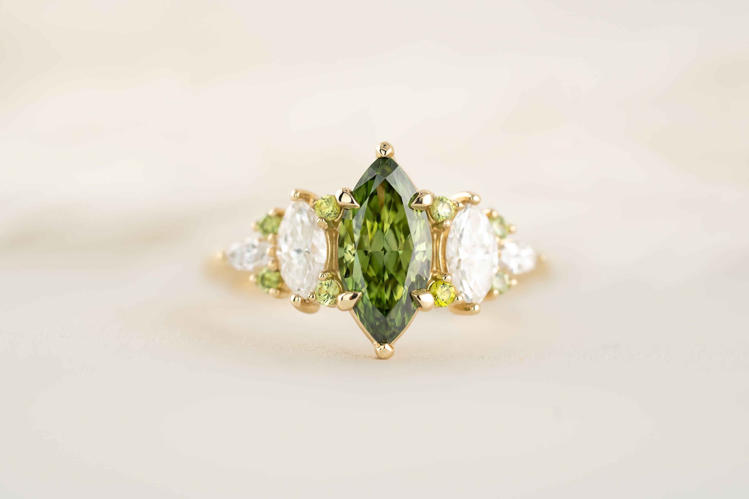 The Maeve Ring - 1 CT Marquise Green Lab Diamond + Demantoid Garnet - Lavender Creek Gems